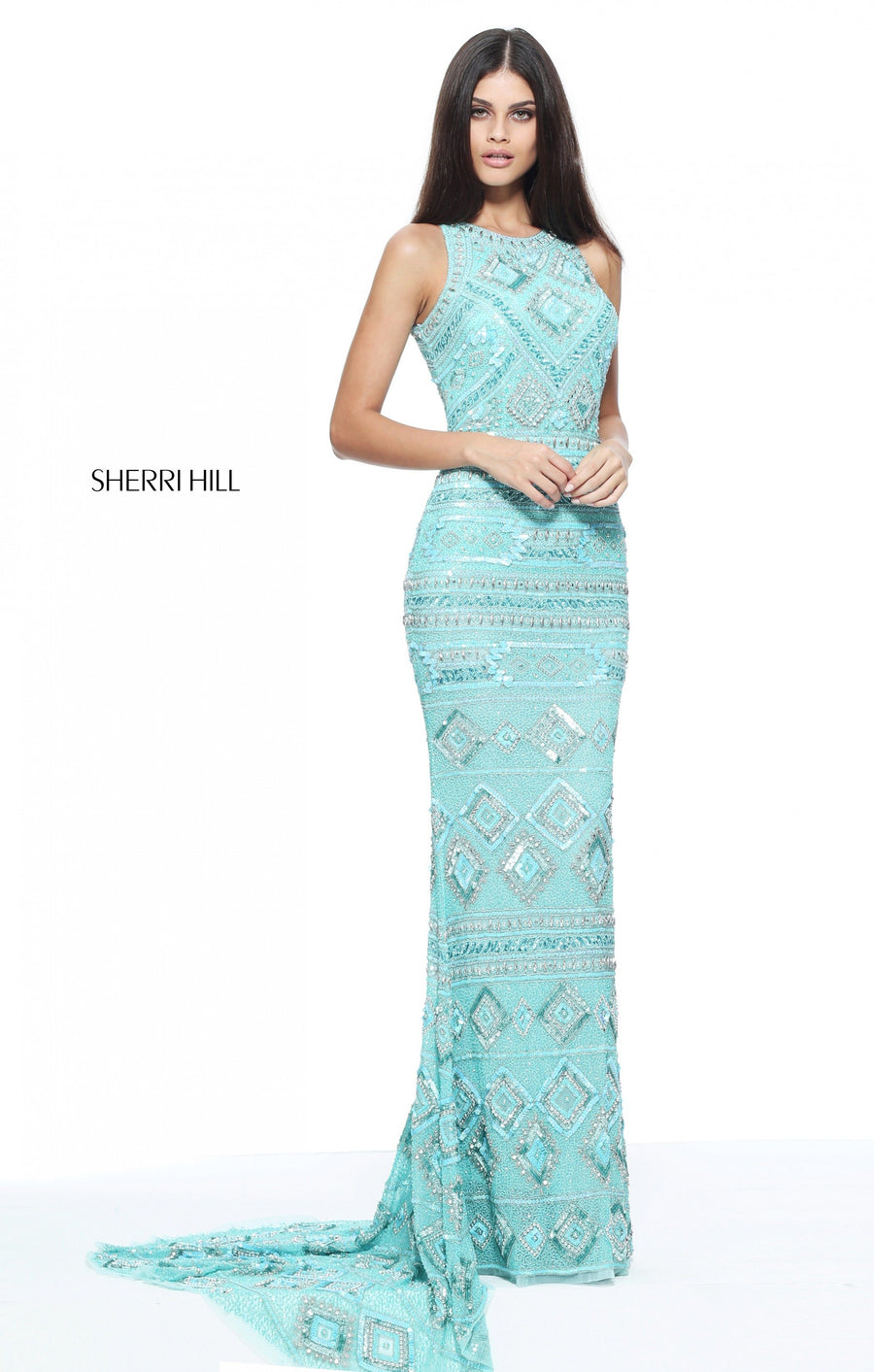 Sherri Hill style 51218 in aqua, High Neck Pattern Beaded Column Gown