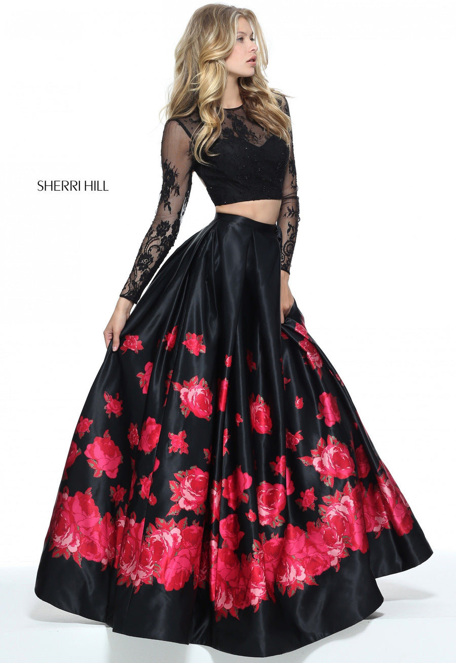 Sherri Hill style 51195 in black/red print, Two-Piece Ball Gown