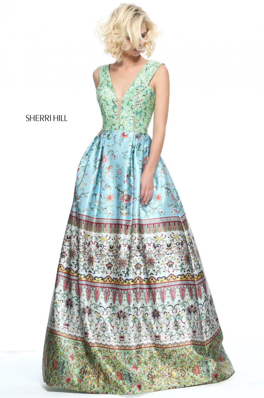 Sherri Hill style 51200 in green/blue print, Multi Green and Blue Print A-Line Gown