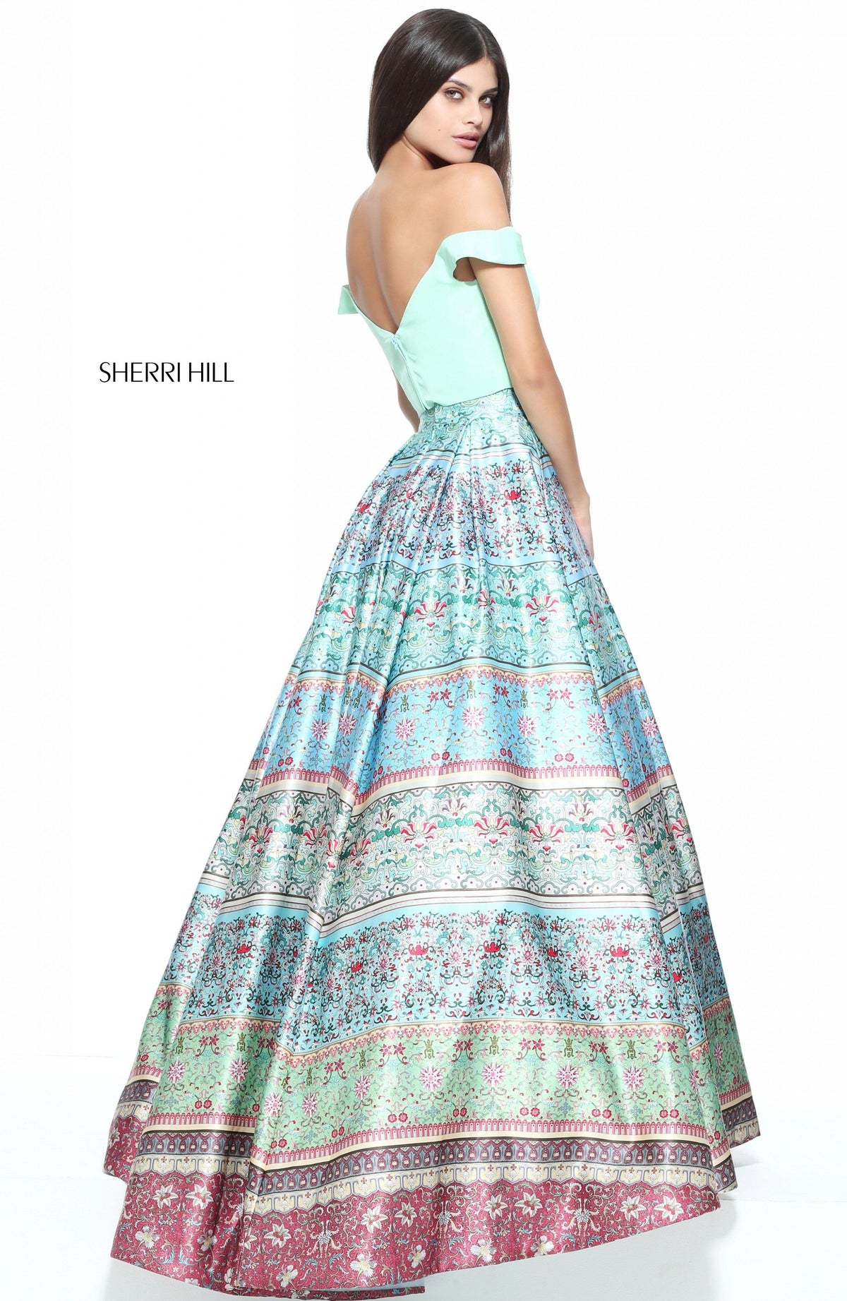 Sherri Hill 51204 two-piece multi print ball gown in blue/green print