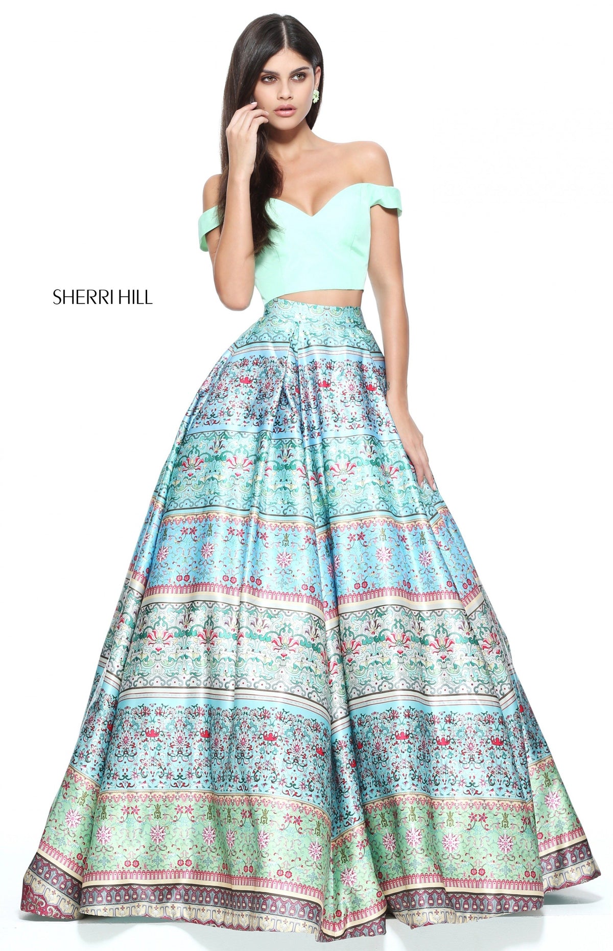 Sherri Hill 51204 two-piece multi print ball gown in blue/green print