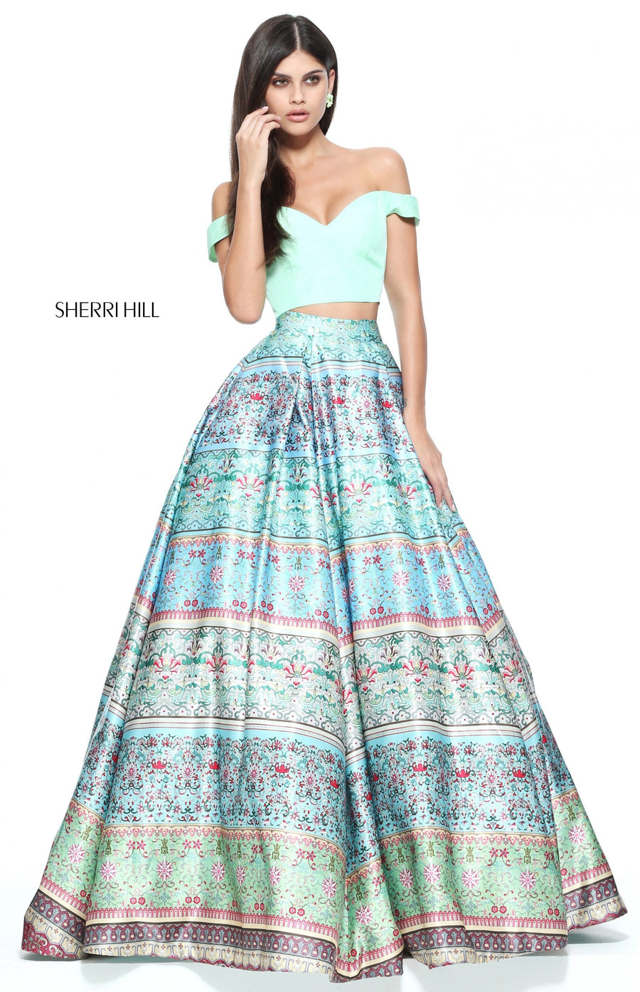 Sherri Hill style 51204 in blue/green print, Two-Piece Multi Print Ball Gown