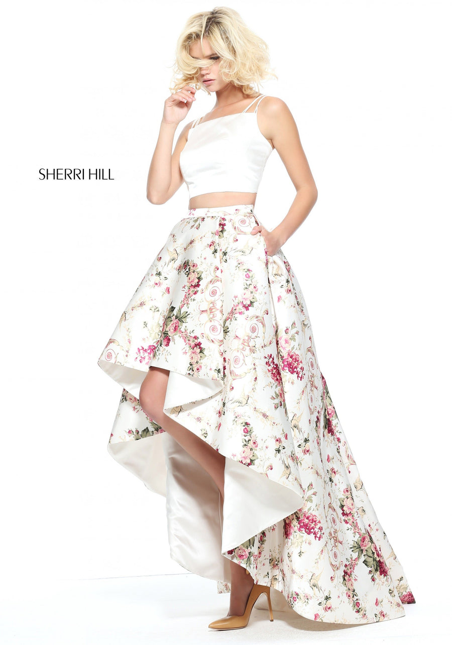 Sherri Hill style 51205 in ivory/print, Two-Piece Print High Low Skirt