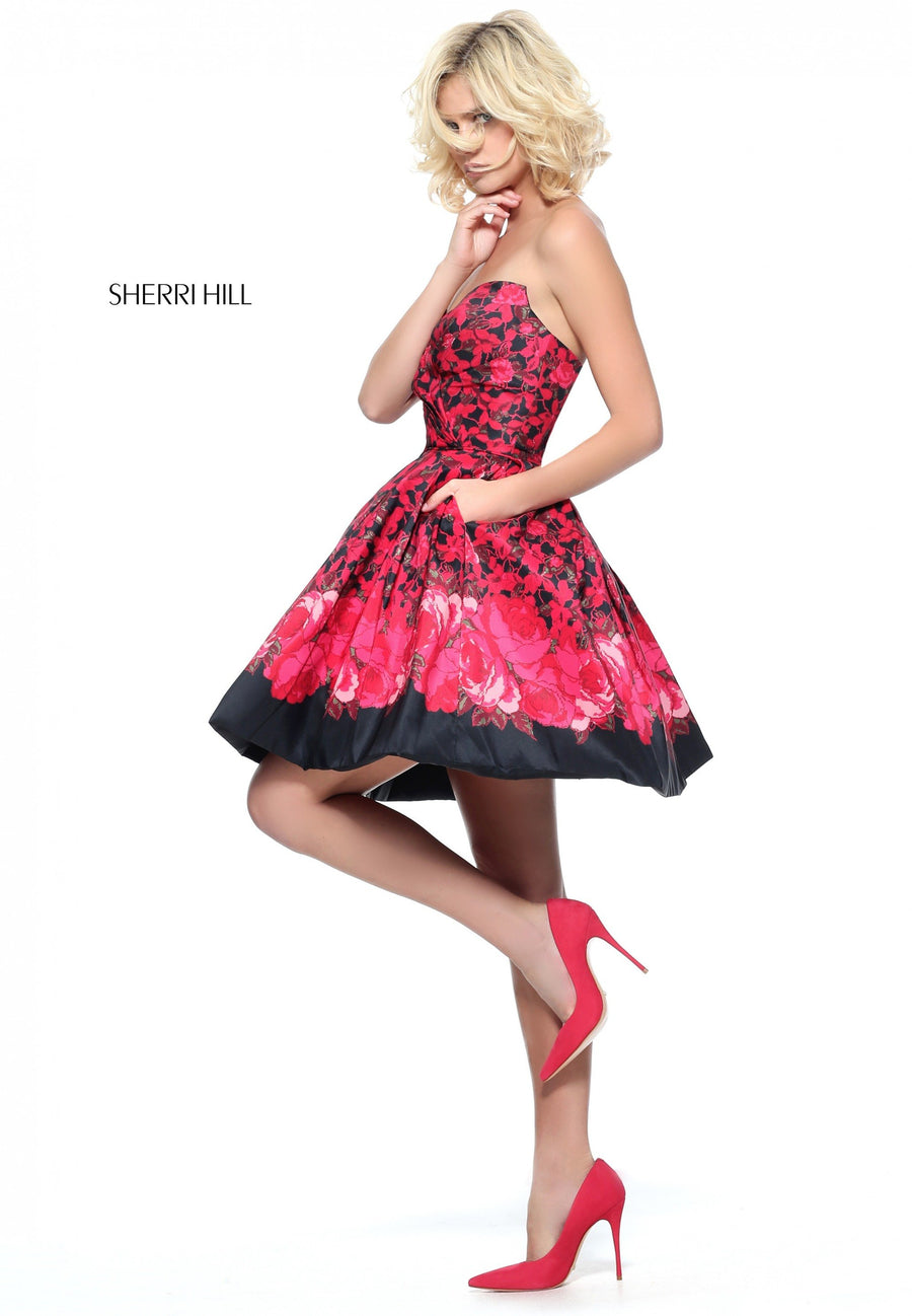 Sherri Hill style 51179 in black/red, Floral Print A-Line Cocktail Dress