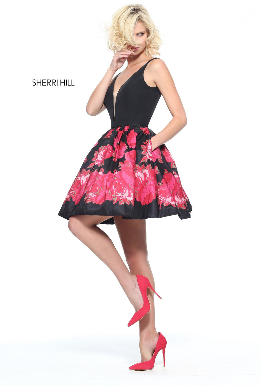 Sherri Hill style 51180 in black/red print, V-Neck Cocktail Floral Print A-Line Skirt