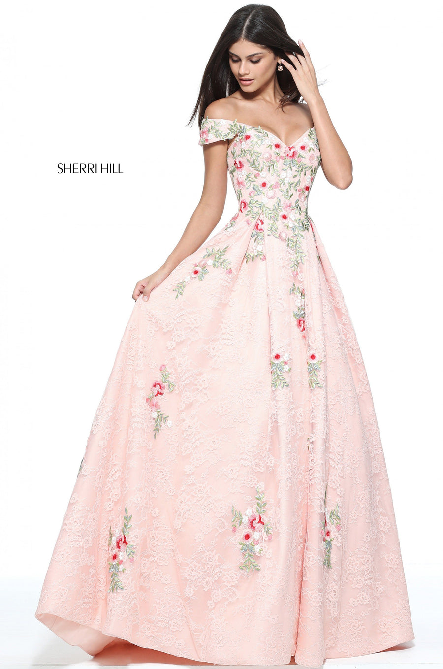 Sherri Hill style 51189 in blush, Lace Off-the-Shoulder Ball Gown