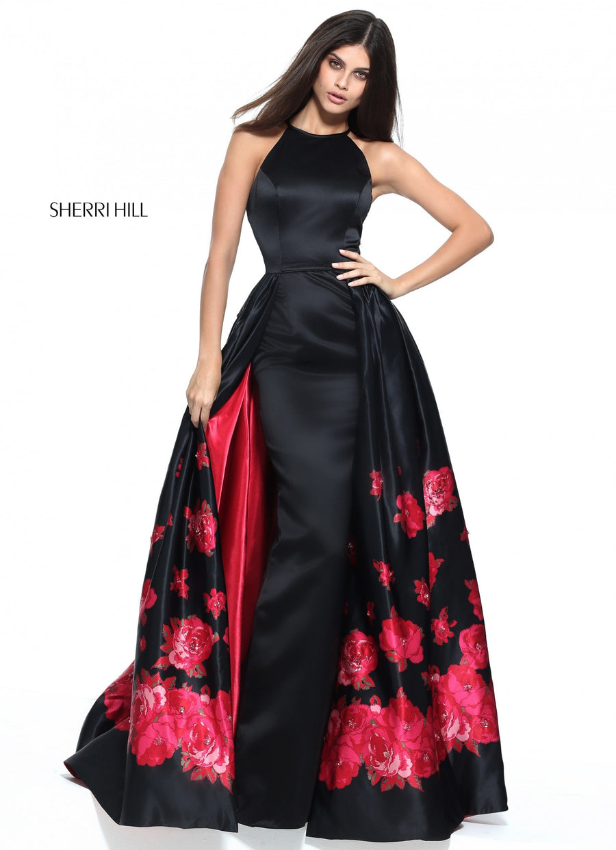 Sherri Hill style 51193 in ivory/red print, High Neck Satin Column and Over Skirt
