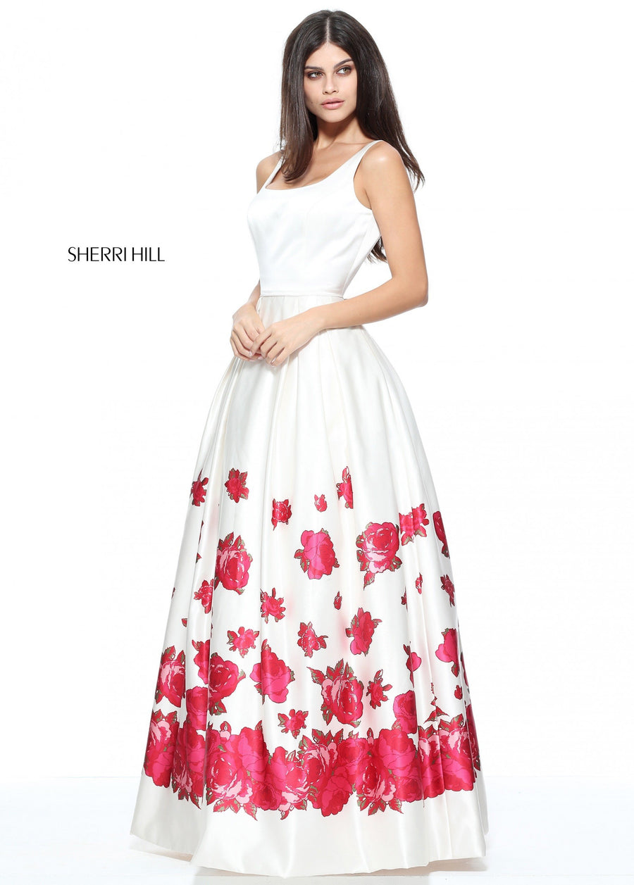 Sherri Hill style 51171 in ivory/red print, Square Neck Satin Ball Gown