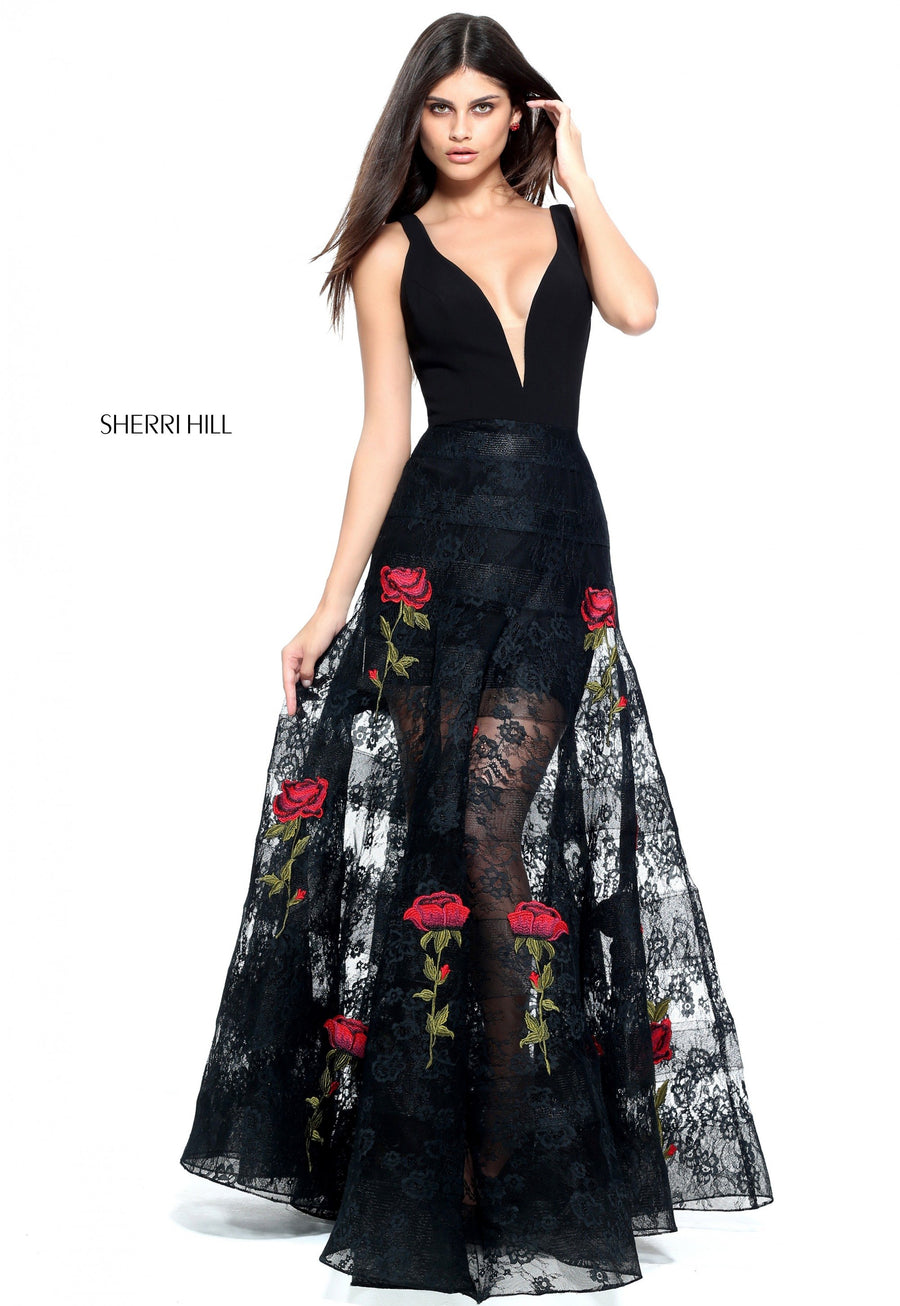 Sherri Hill style 51170 in black, A-Line Red Flower Applique Sheer Skirt