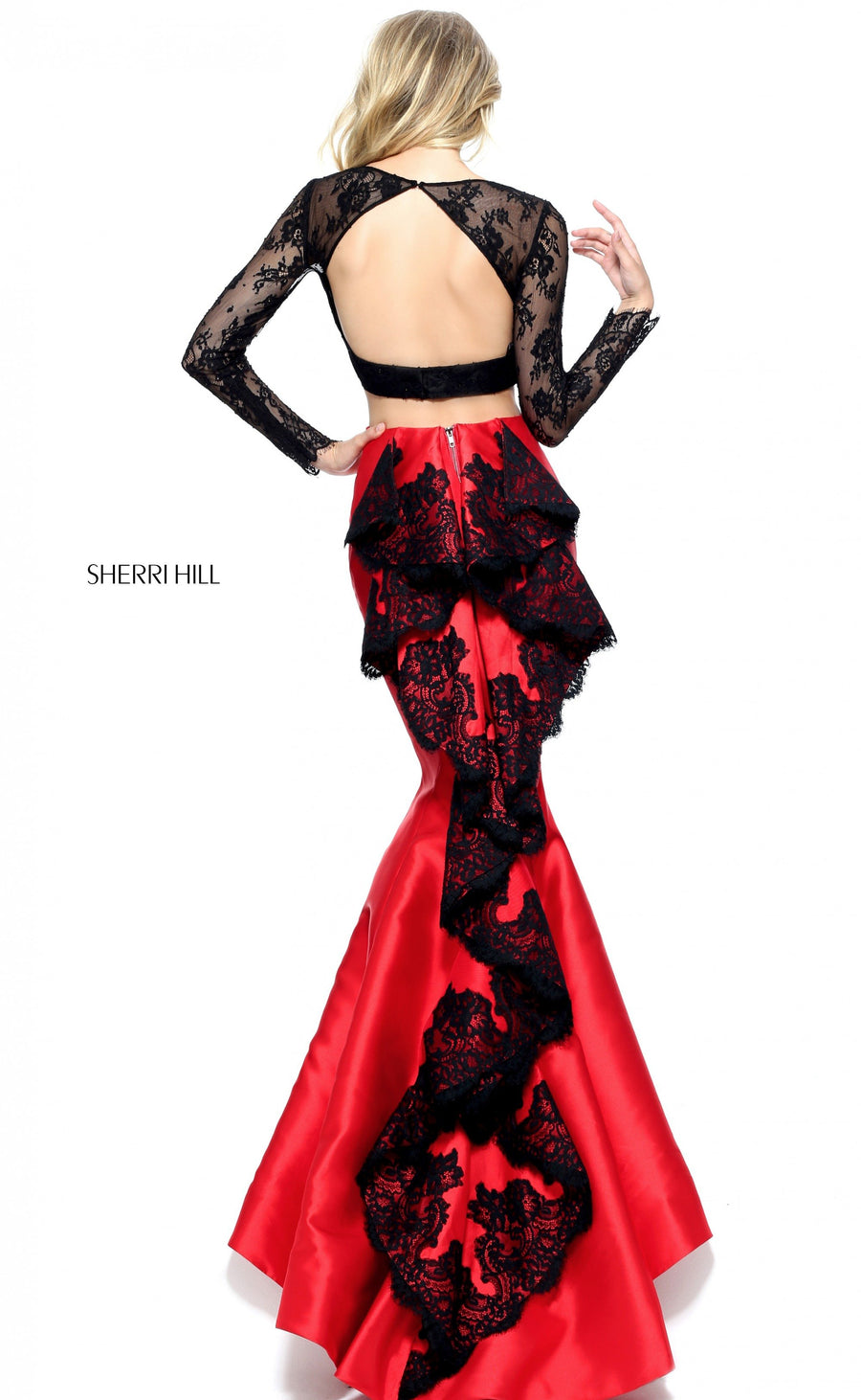 Sherri Hill style 51169 in black/red, Lace Ruffle Along the Back of the Skirt