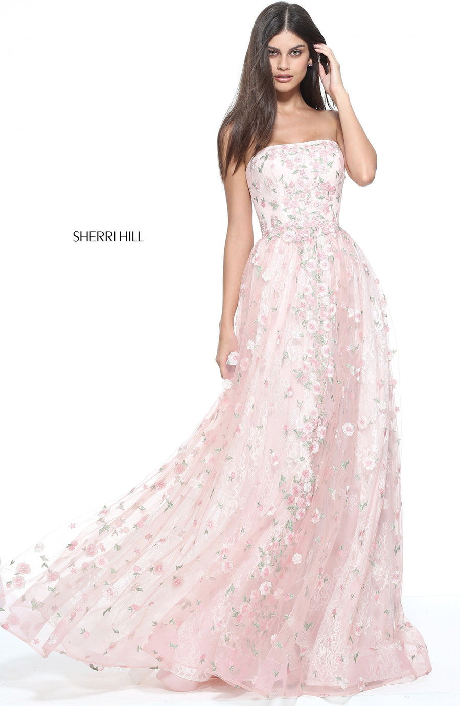 Sherri Hill style 51156 in blush/multi, Strapless Lace and Tulle A-Line Gown