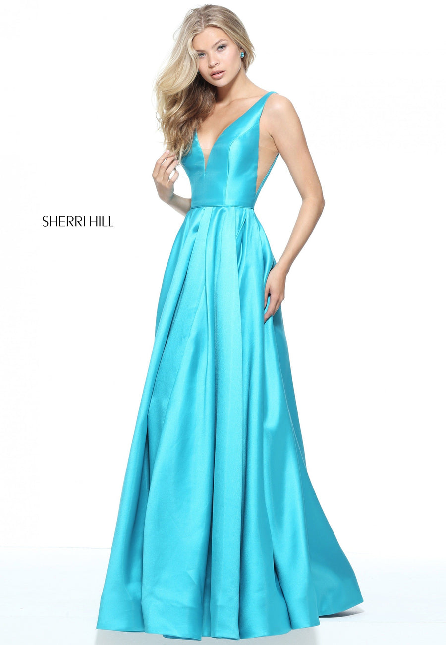 Sherri Hill style 51120 in coral, Mikado Ball Gown with Cut Out Sheer Sides