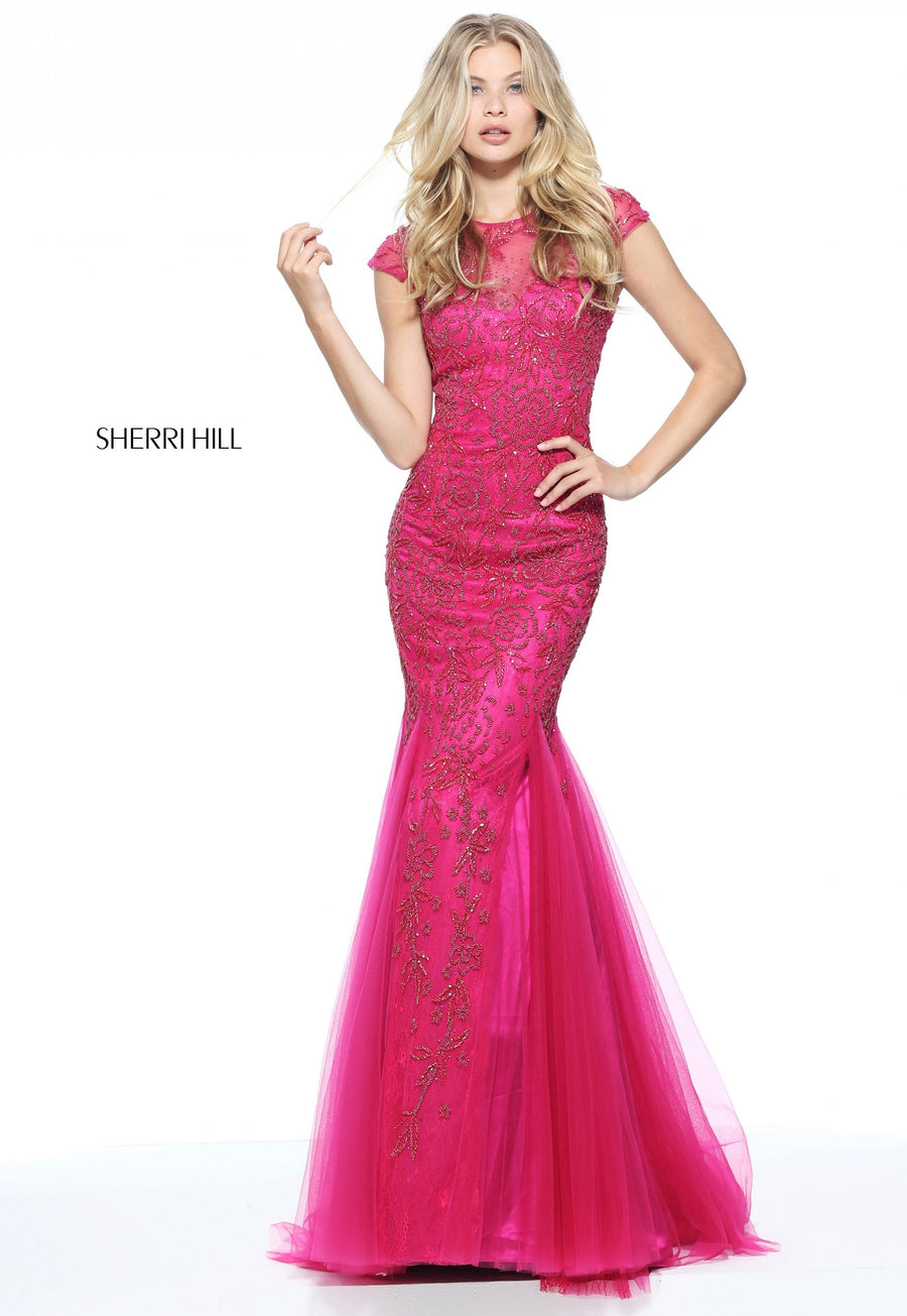 Sherri Hill style 51117 in berry, Beaded Cap Sleeve Mermaid Dress