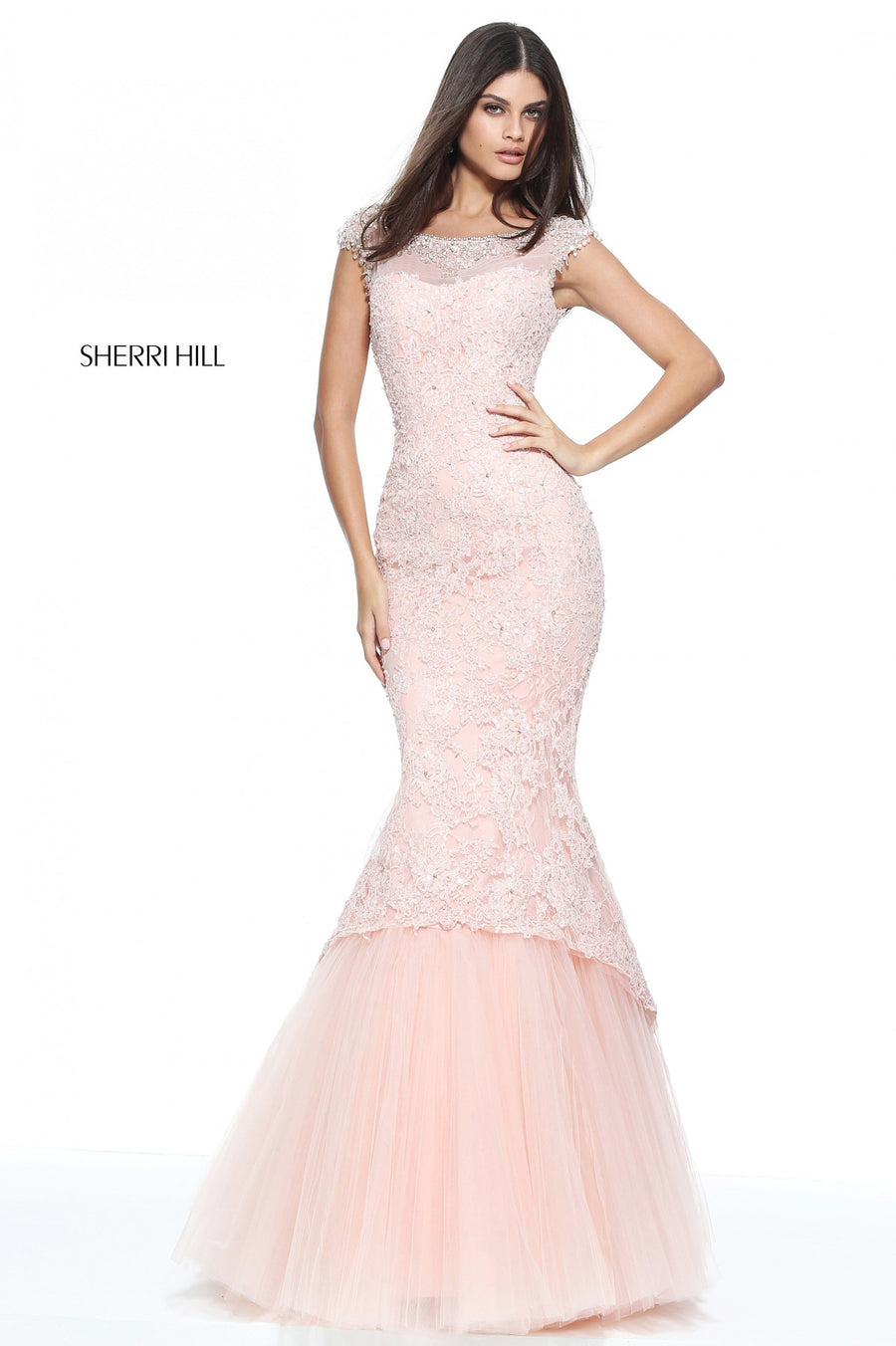 Sherri Hill style 51114 in blush, Cap Sleeve Lace Mermaid Gown