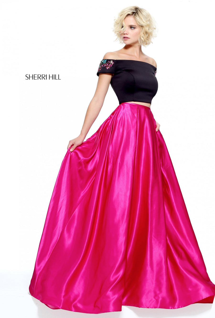 Sherri Hill style 51101 in black/royal, Two-Piece Satin Ball Gown