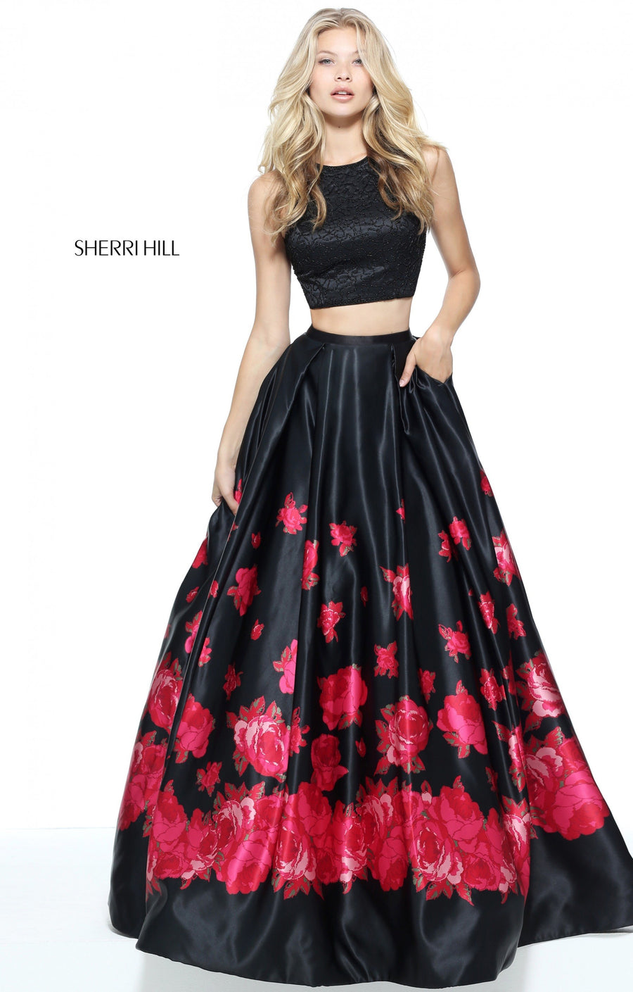 Sherri Hill style 51100 in black/red print, Two-Piece Floral Print Satin Ball Gown