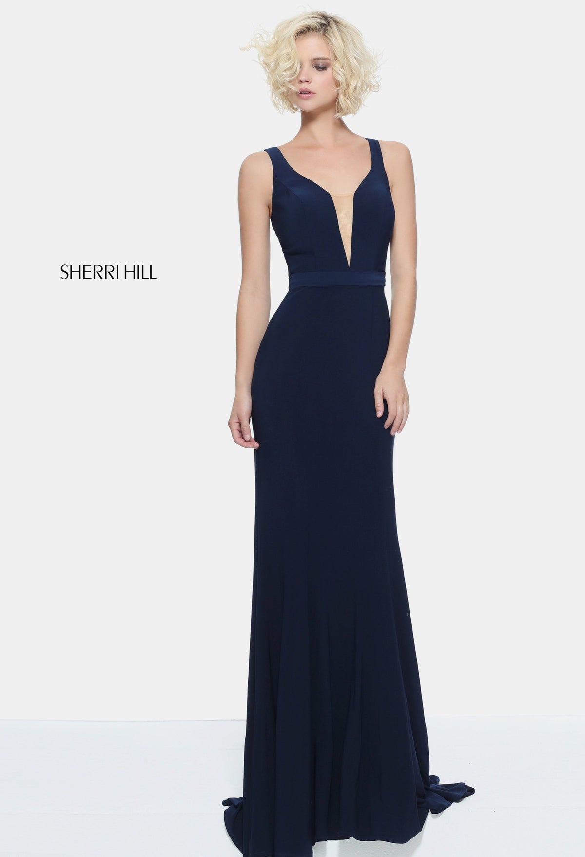 Sherri Hill 51096 fitted jersey gown with sheer beaded back