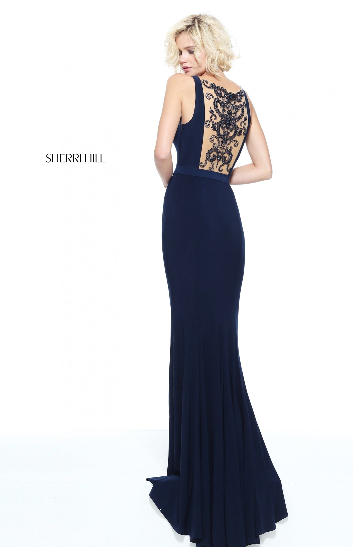 Sherri Hill 51096 fitted jersey gown with sheer beaded back