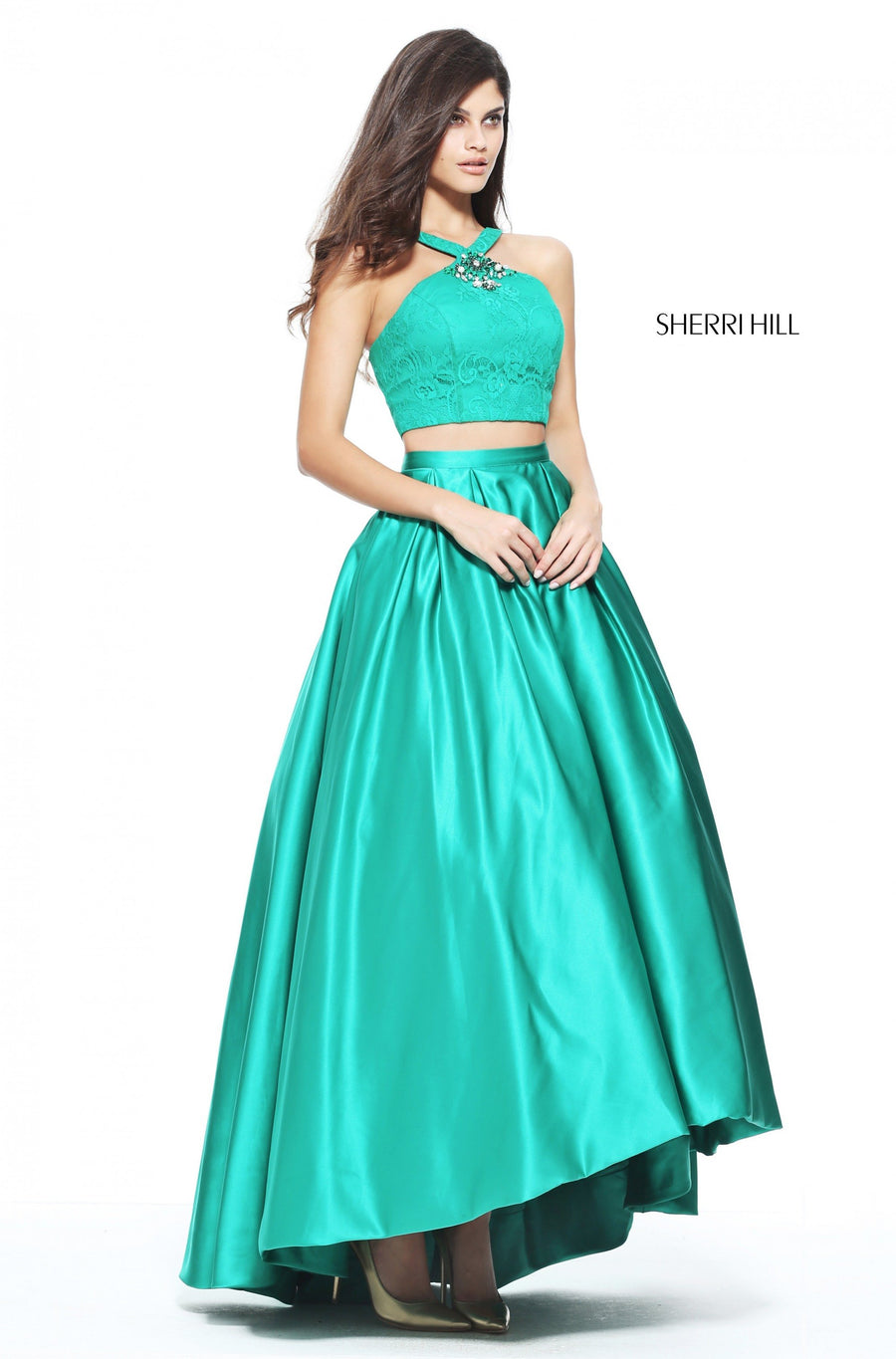 Sherri Hill style 51162 in red, Two Piece Satin Audrey Length Gown