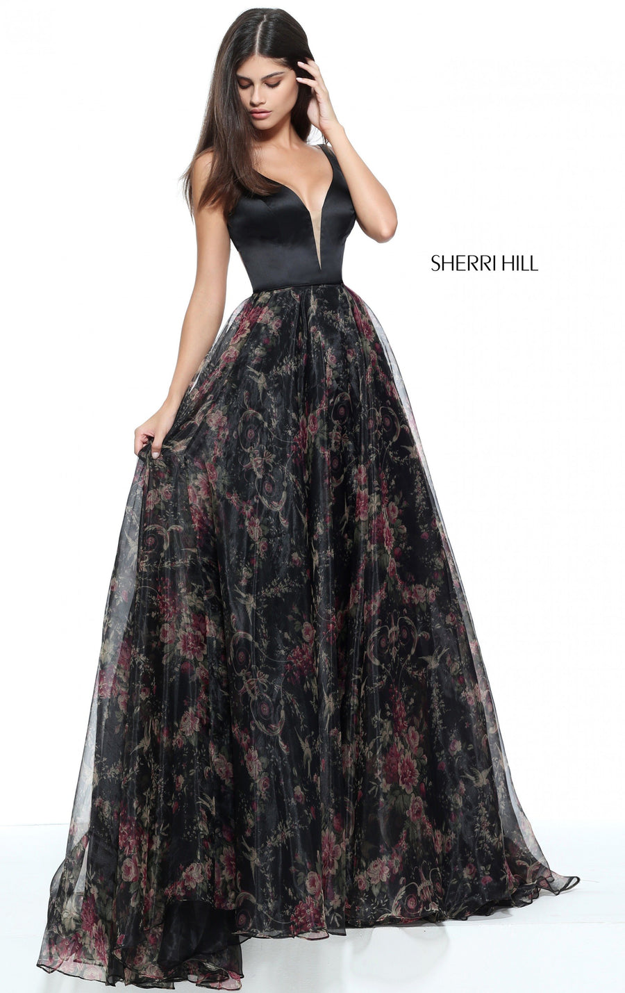 Sherri Hill style 51165 in black print, Organza Print A-Line Gown