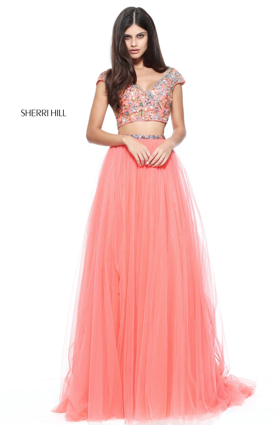 Sherri Hill style 51166 in coral, Two-Piece Tulle A-Line Gown