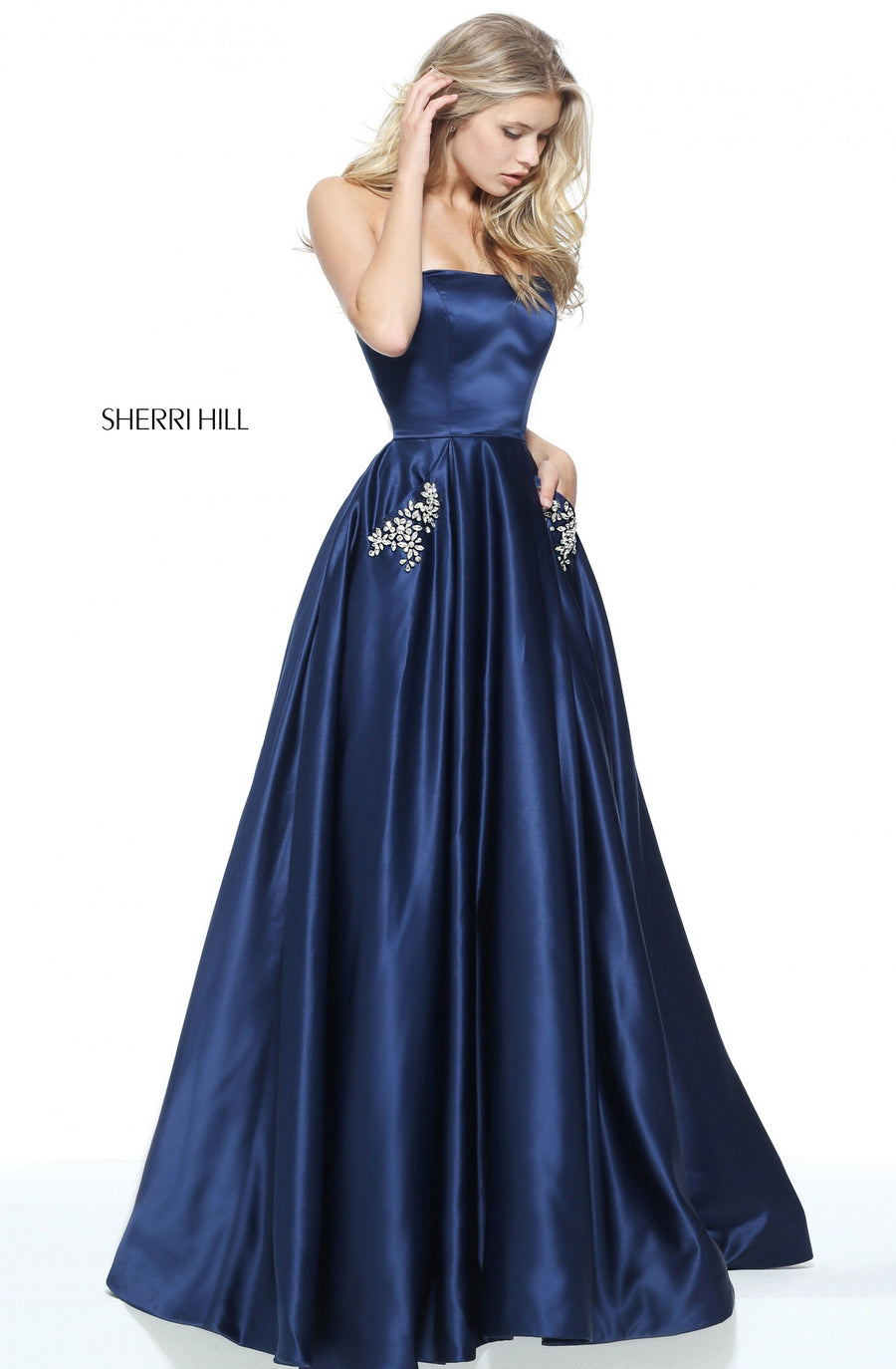 Sherri Hill style 50812 in cerise, Strapless Satin Ball Gown