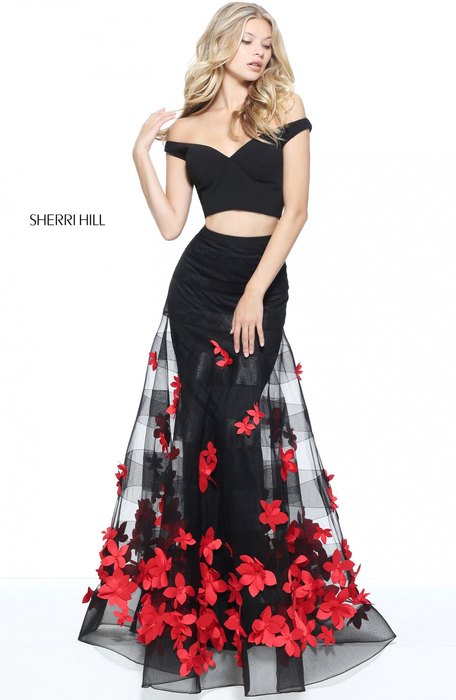 Sherri Hill style 51062 in black/red, Two-Piece Mermaid Appliqued Flower Skirt