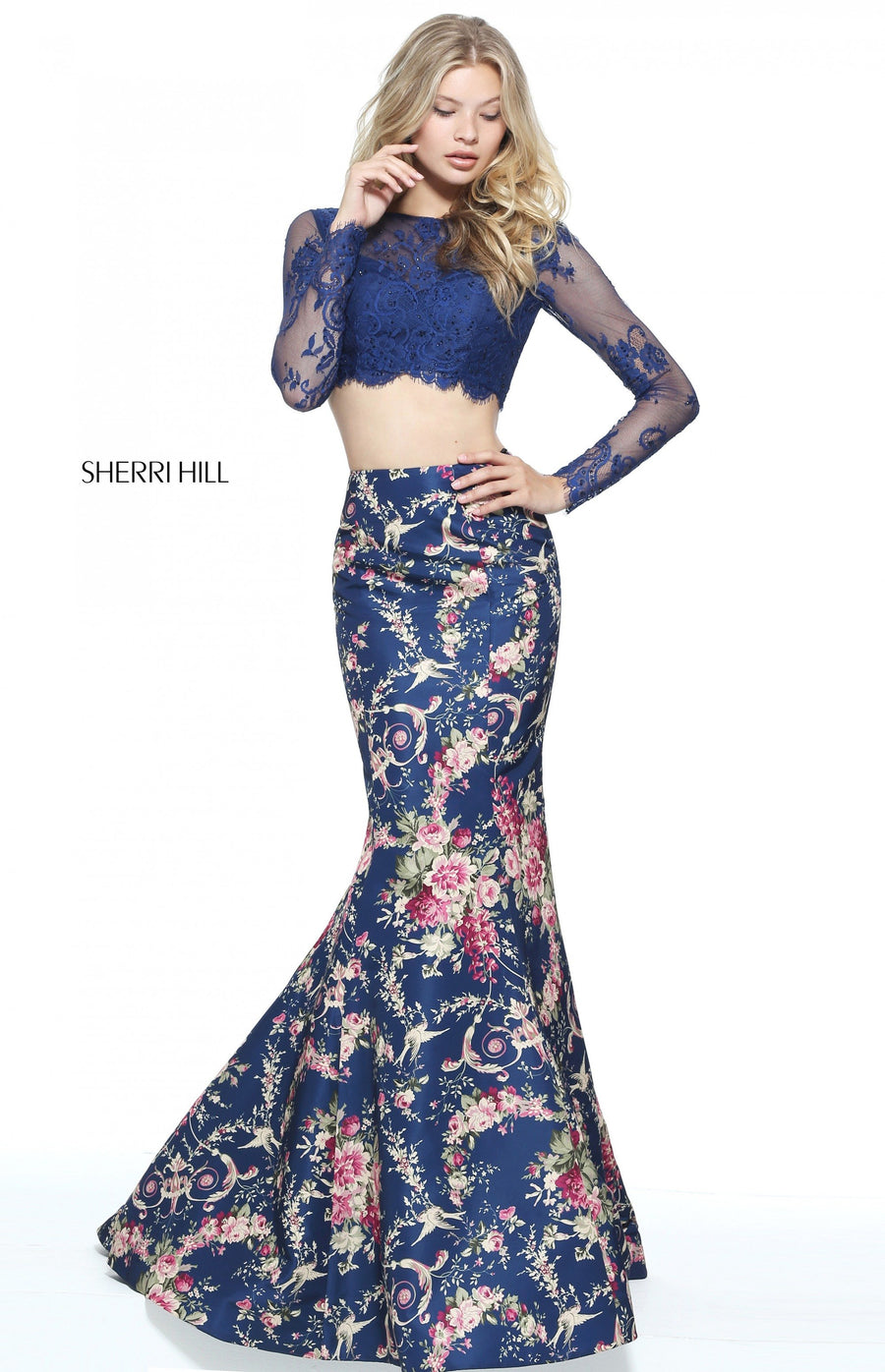 Sherri Hill style 51064 in black print, Two-Piece Floral Print Mermaid Gown