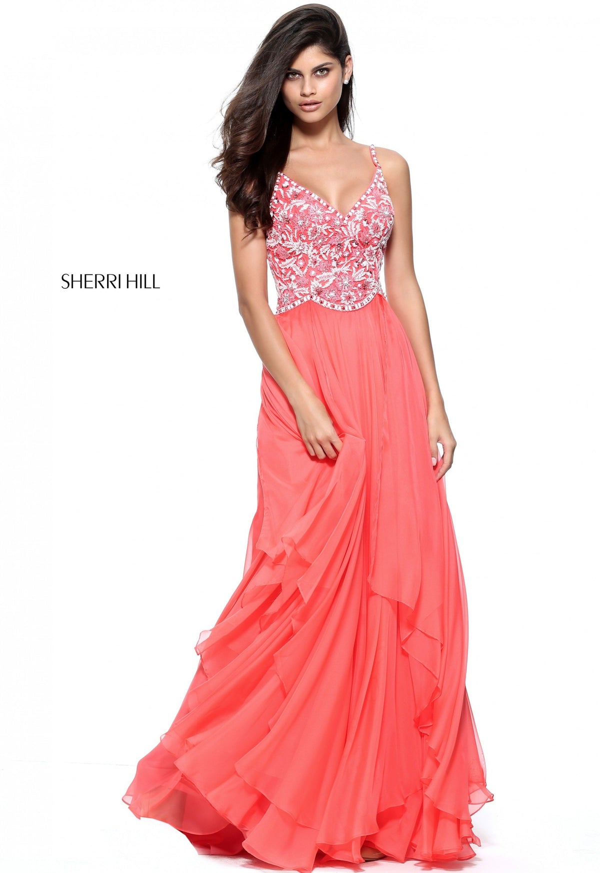 Sherri Hill 51079 layered chiffon gown in coral