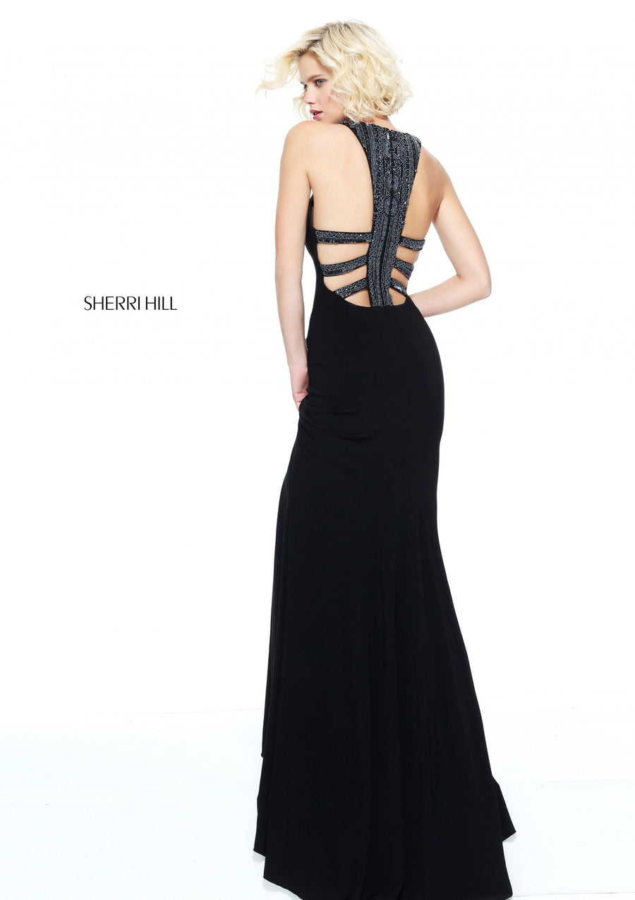 Sherri Hill style 51090 in black, Fitted Jersey Gown with Keyhole Bodice