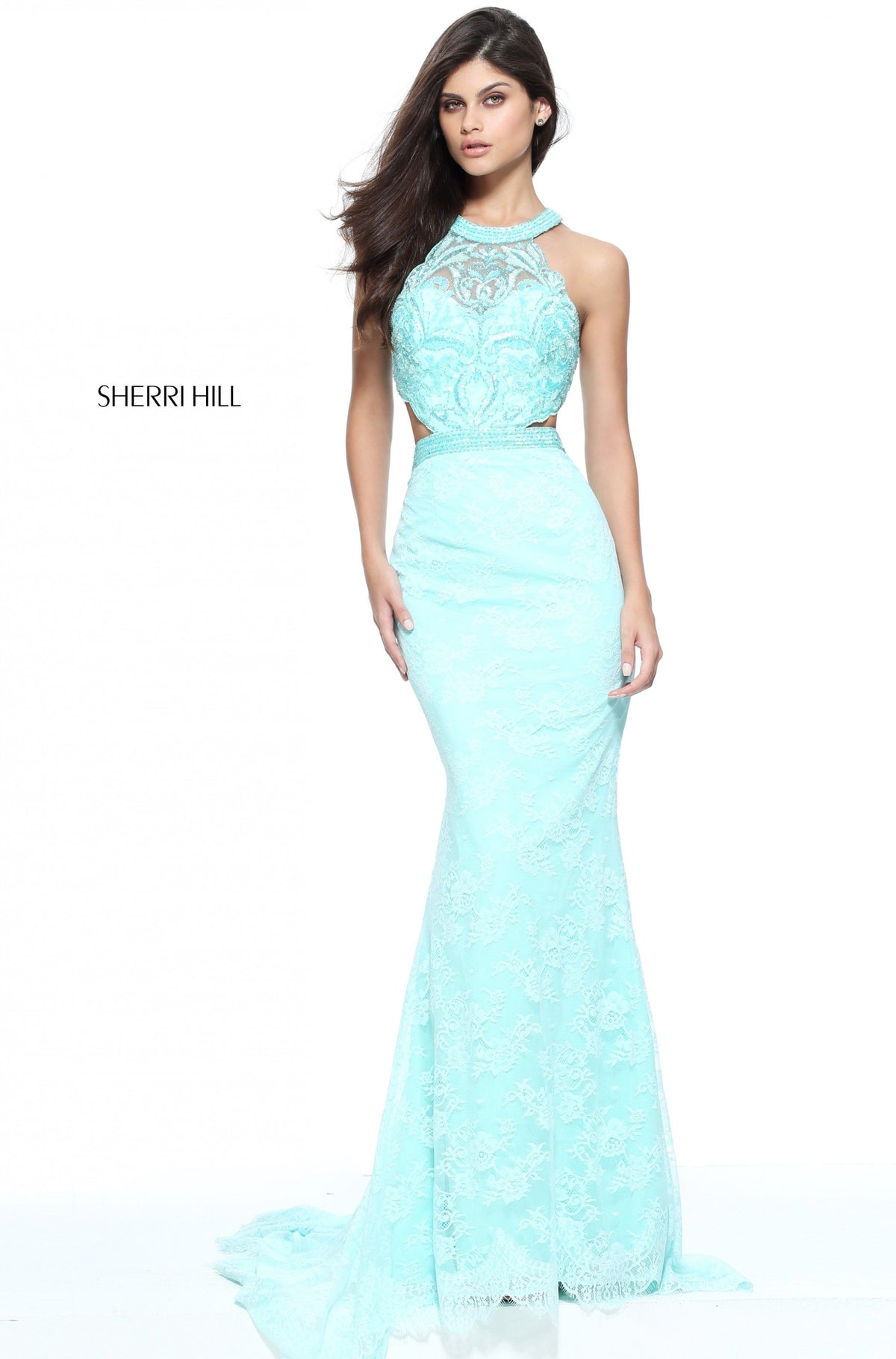 Sherri Hill 51095 fitted lace gown in aqua