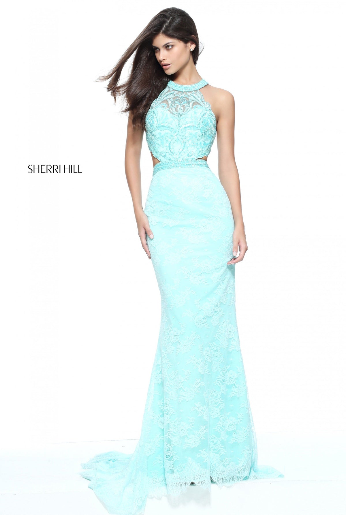 Sherri Hill 51095 fitted lace gown in aqua