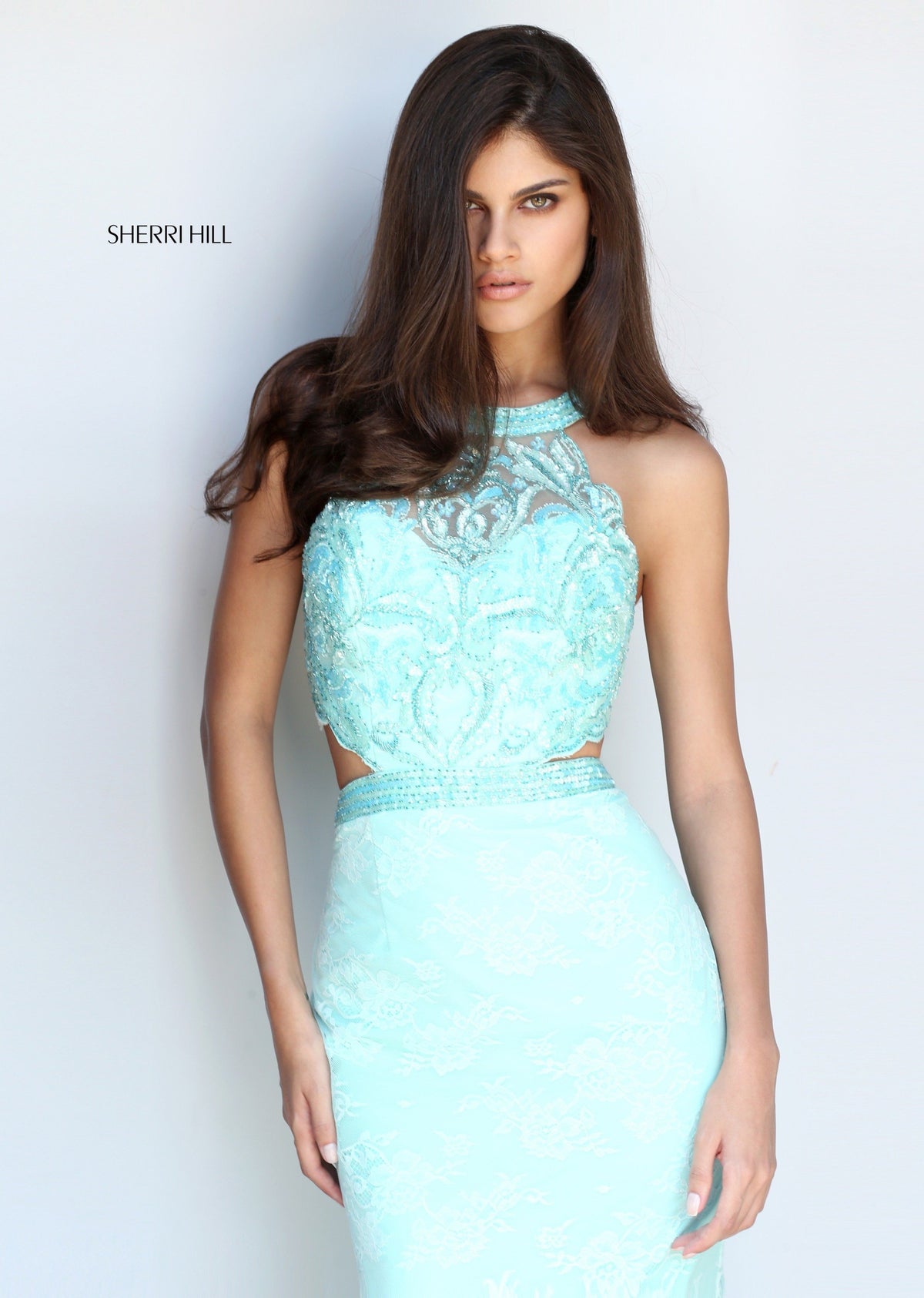 Sherri Hill 51095 fitted lace gown in aqua