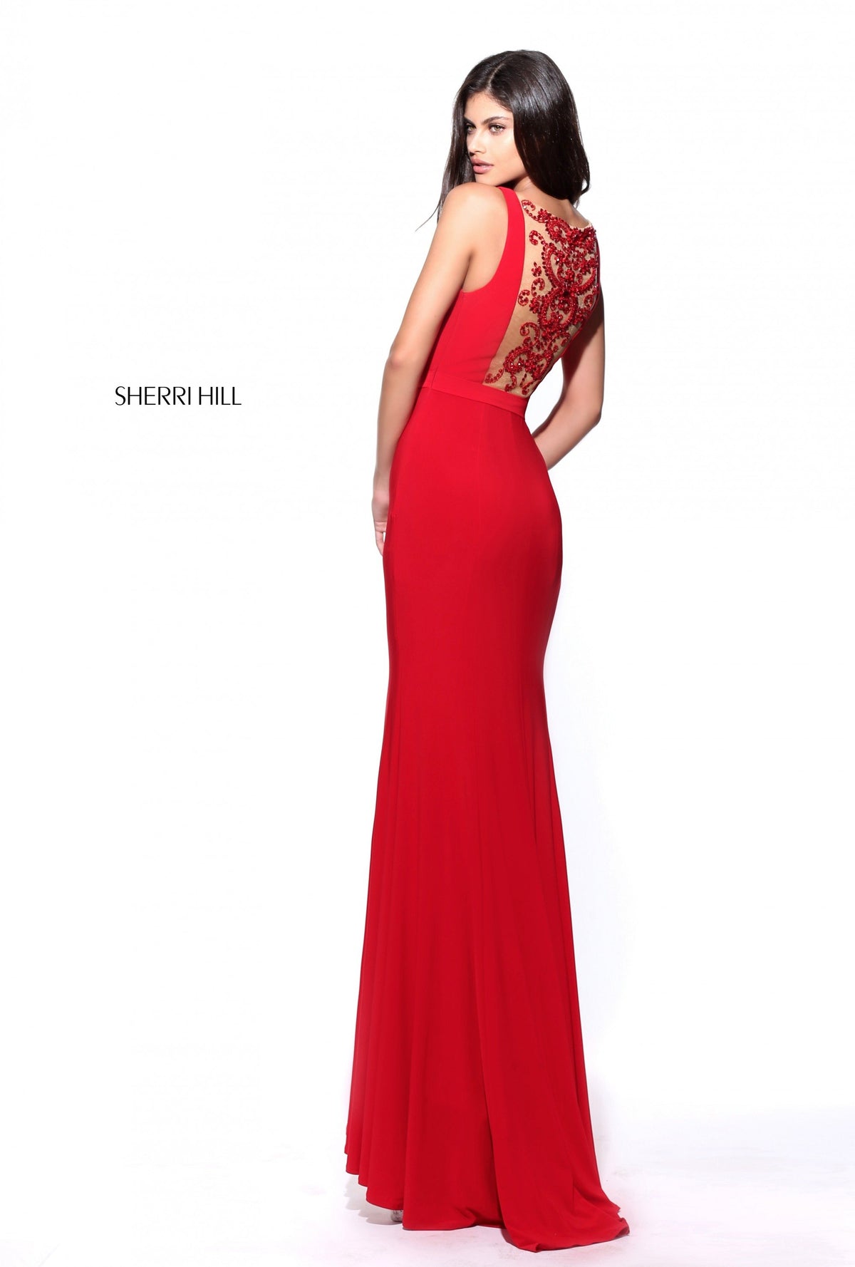 Sherri Hill 51096 fitted jersey gown with sheer beaded back