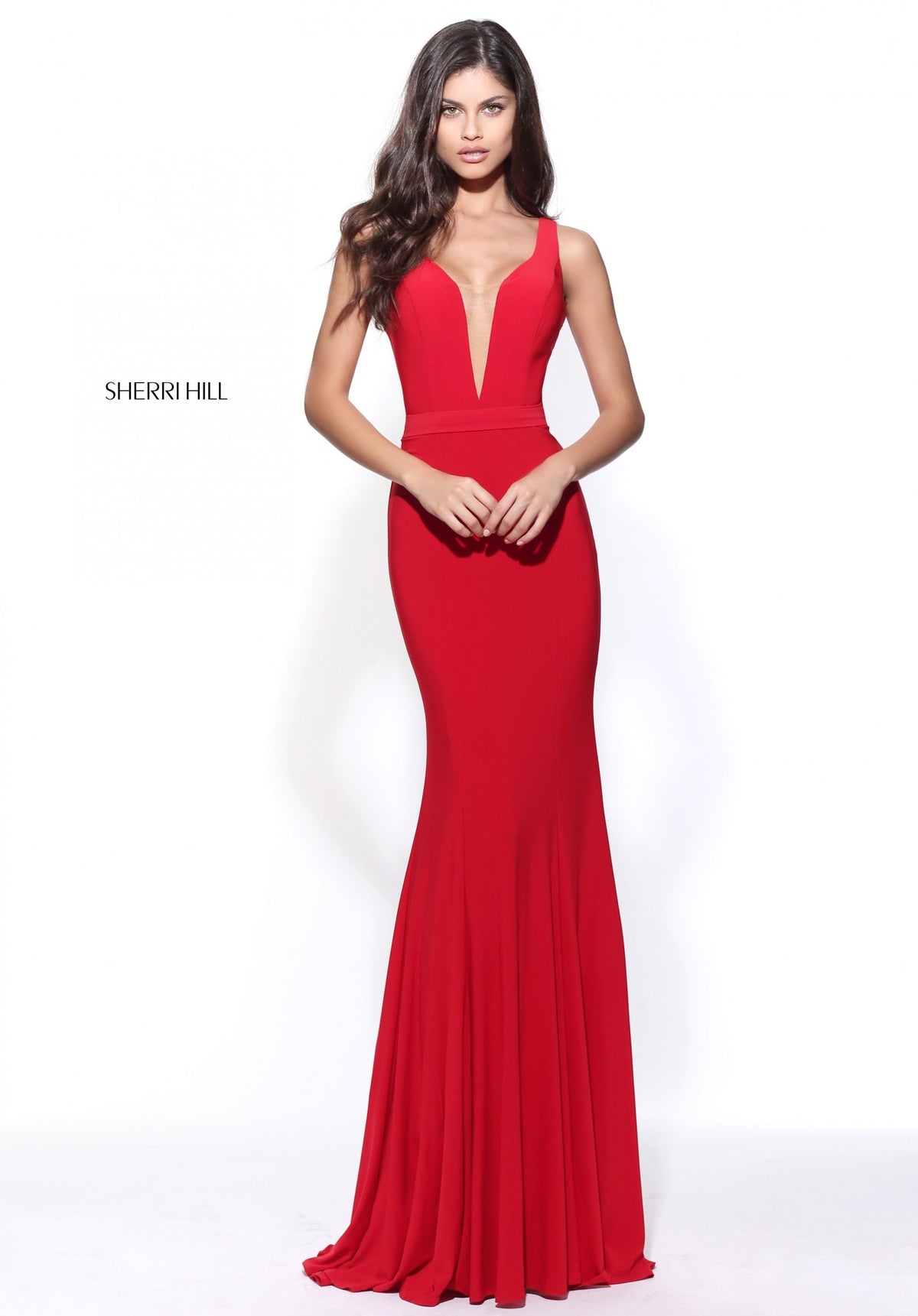Sherri Hill 51096 fitted jersey gown with sheer beaded back in red