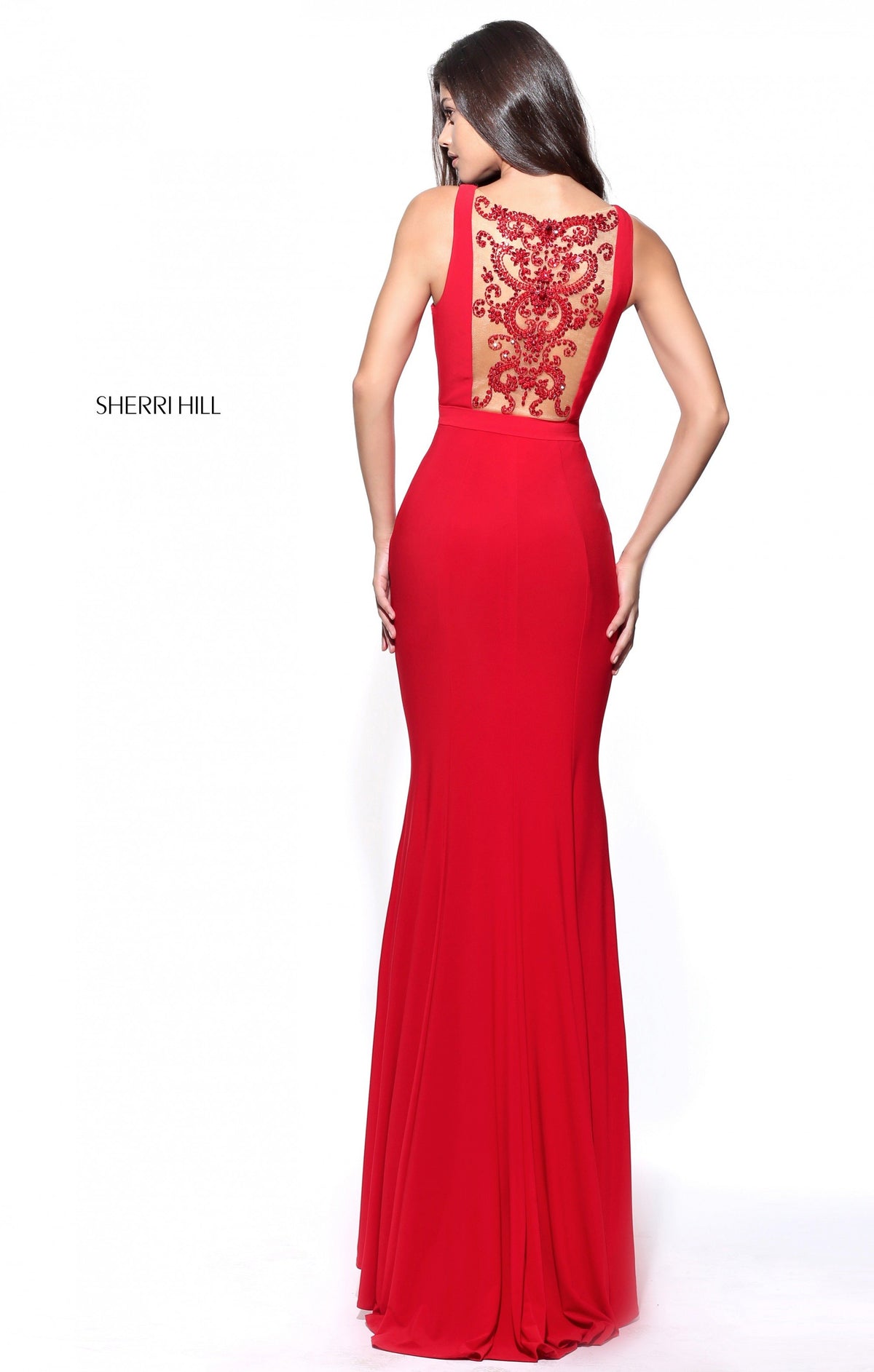 Sherri Hill 51096 fitted jersey gown with sheer beaded back