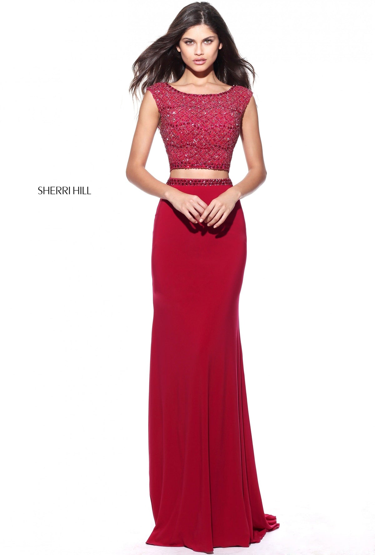 Sherri Hill 51125 two-piece jersey gown in ruby