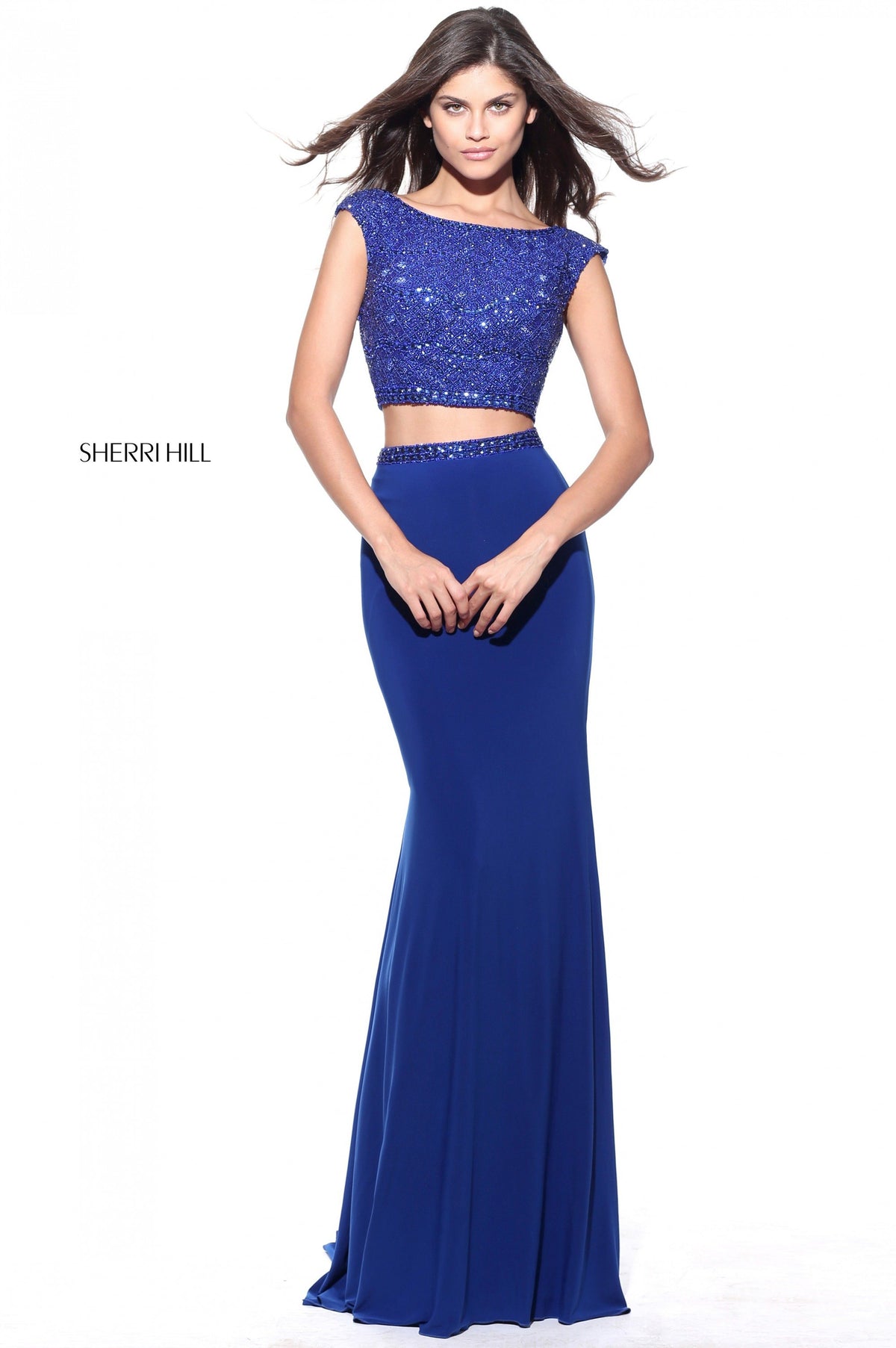 Sherri Hill 51125 two-piece jersey gown in royal