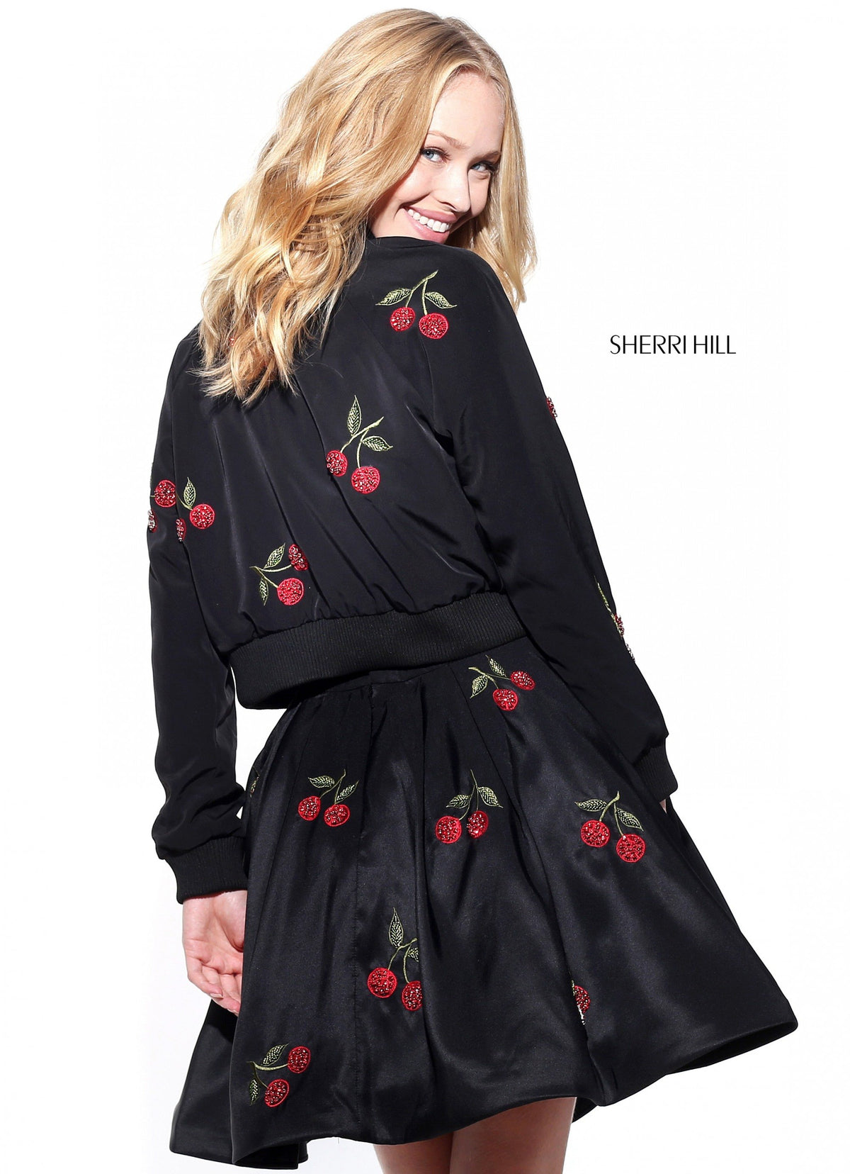 Sherri Hill J51175 cherry print satin A-line skirt in black/red