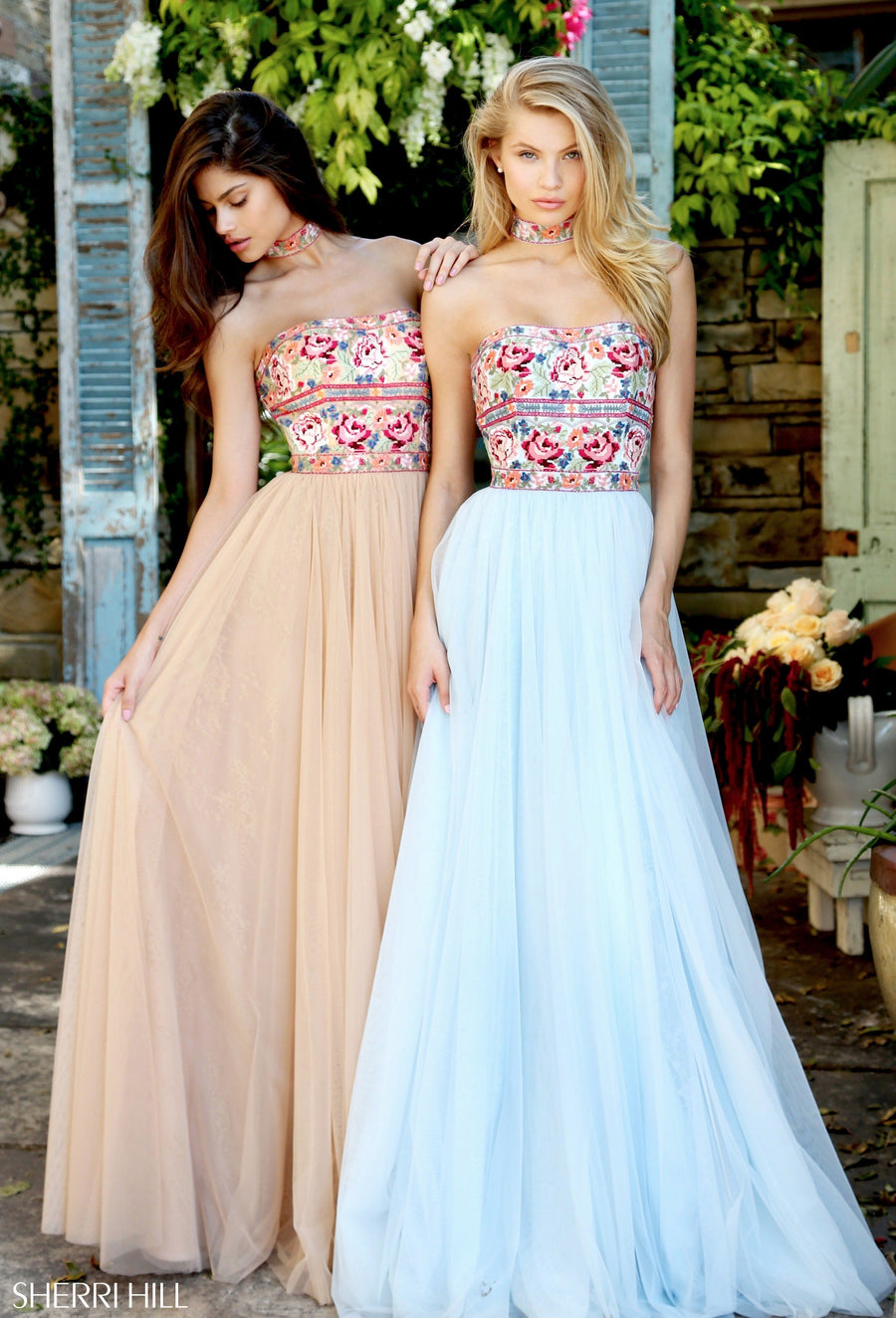 Sherri Hill style 50873 in ivory/multi, Embroidered Bodice with Chiffon Skirt