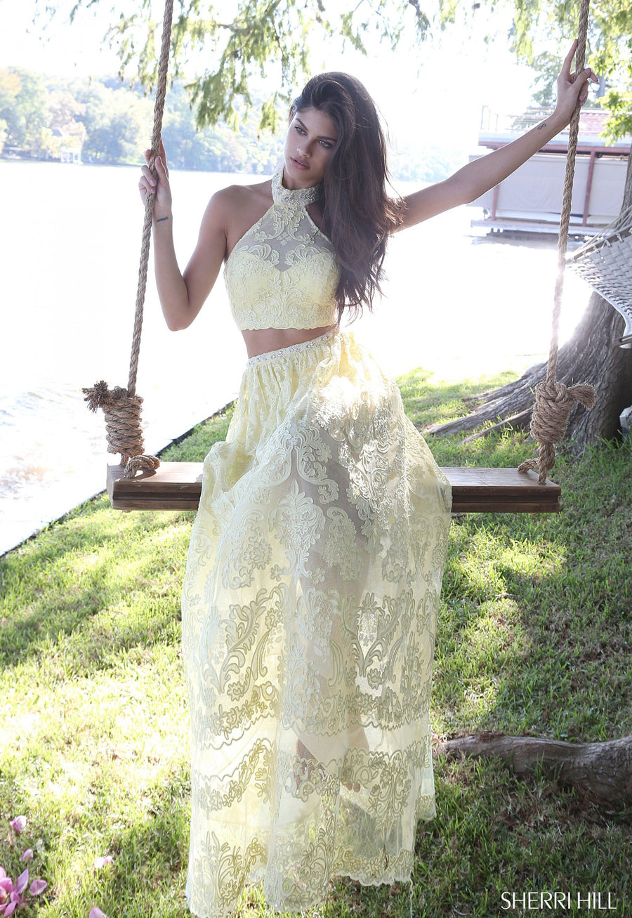 Sherri Hill style 51020 in yellow, Lace Two-Piece High Neck Gown
