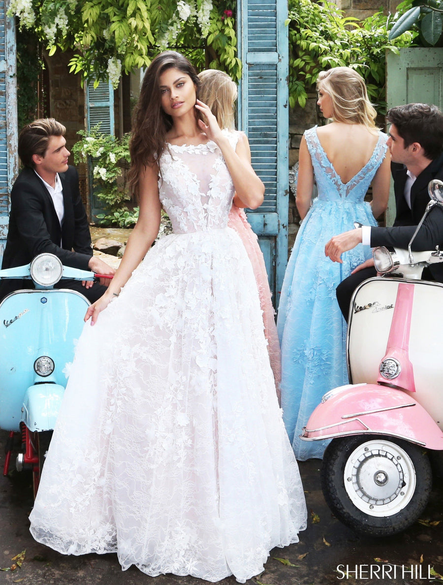 Sherri Hill style 51099 in ivory/nude, Cap Sleeve Lace Ball Gown