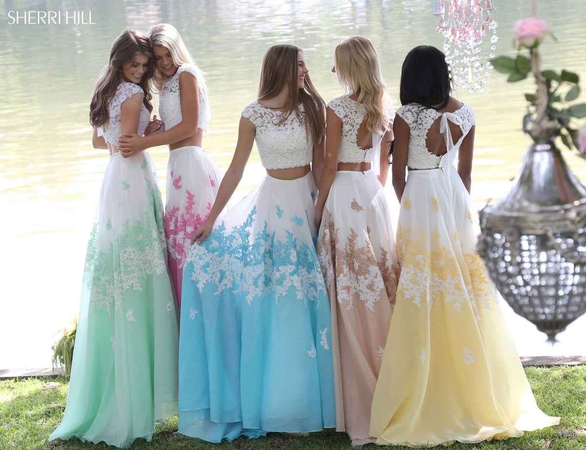 Sherri Hill 51122 lace bodice with lace embroidered skirt in ivory/turquoise