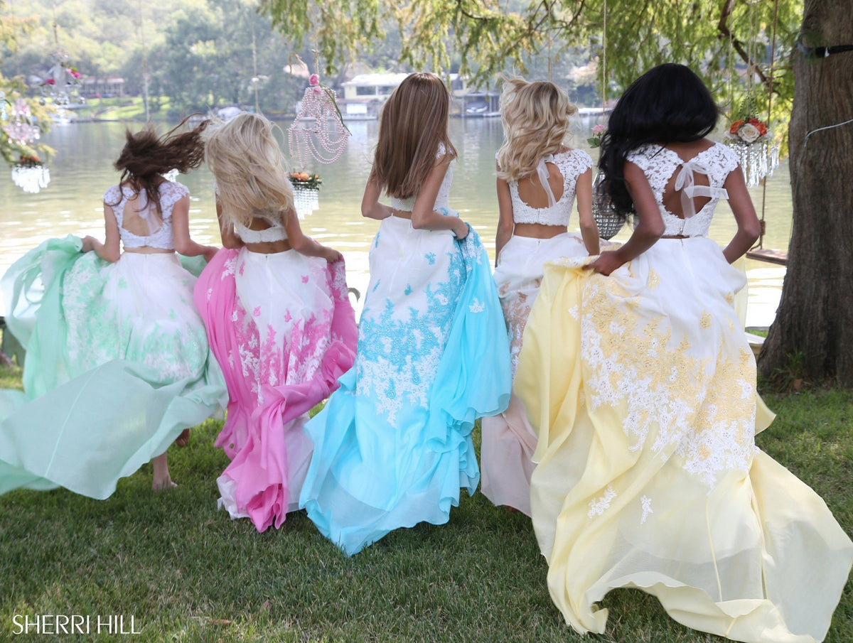 Sherri Hill 51122 lace bodice with lace embroidered skirt in ivory/pink