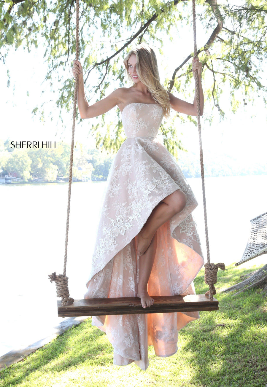 Sherri Hill style 51252 in black, Strapless Lace High Low Gown