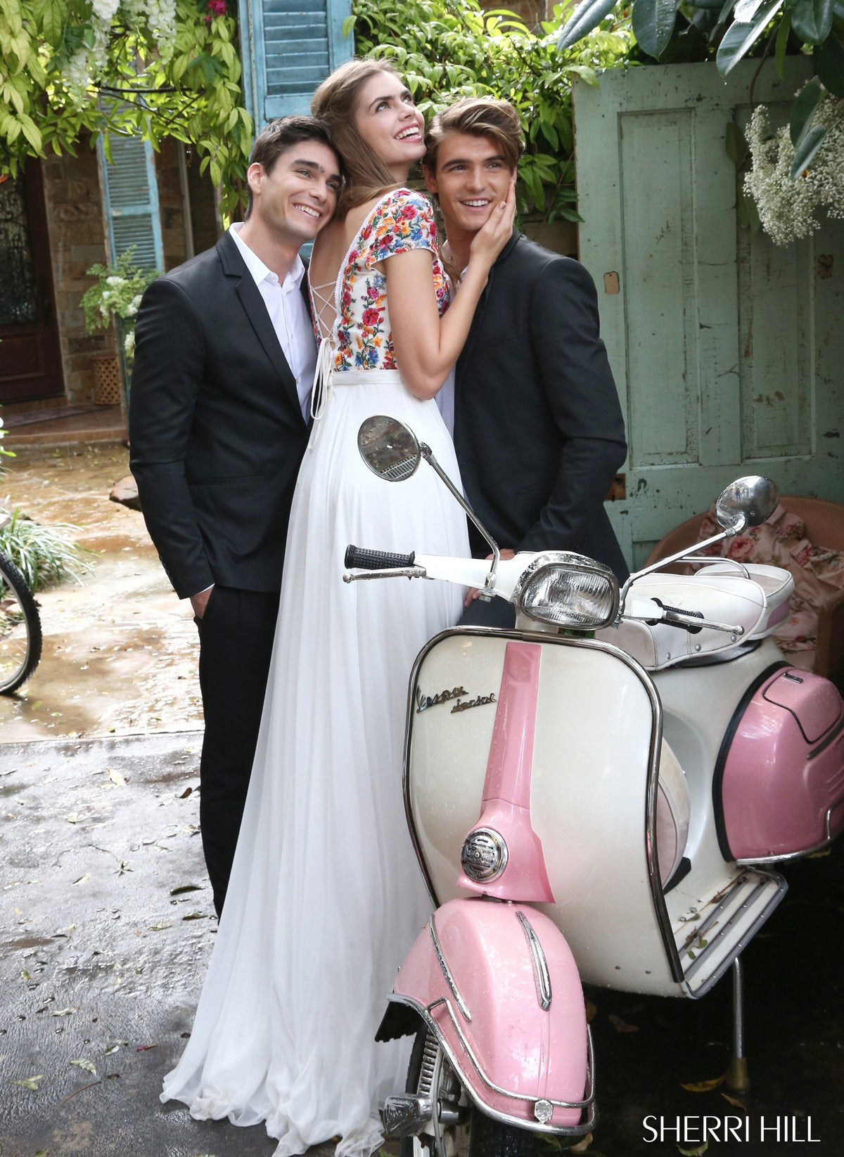 Sherri Hill 51112 bohemian inspired chiffon gown in ivory/multi
