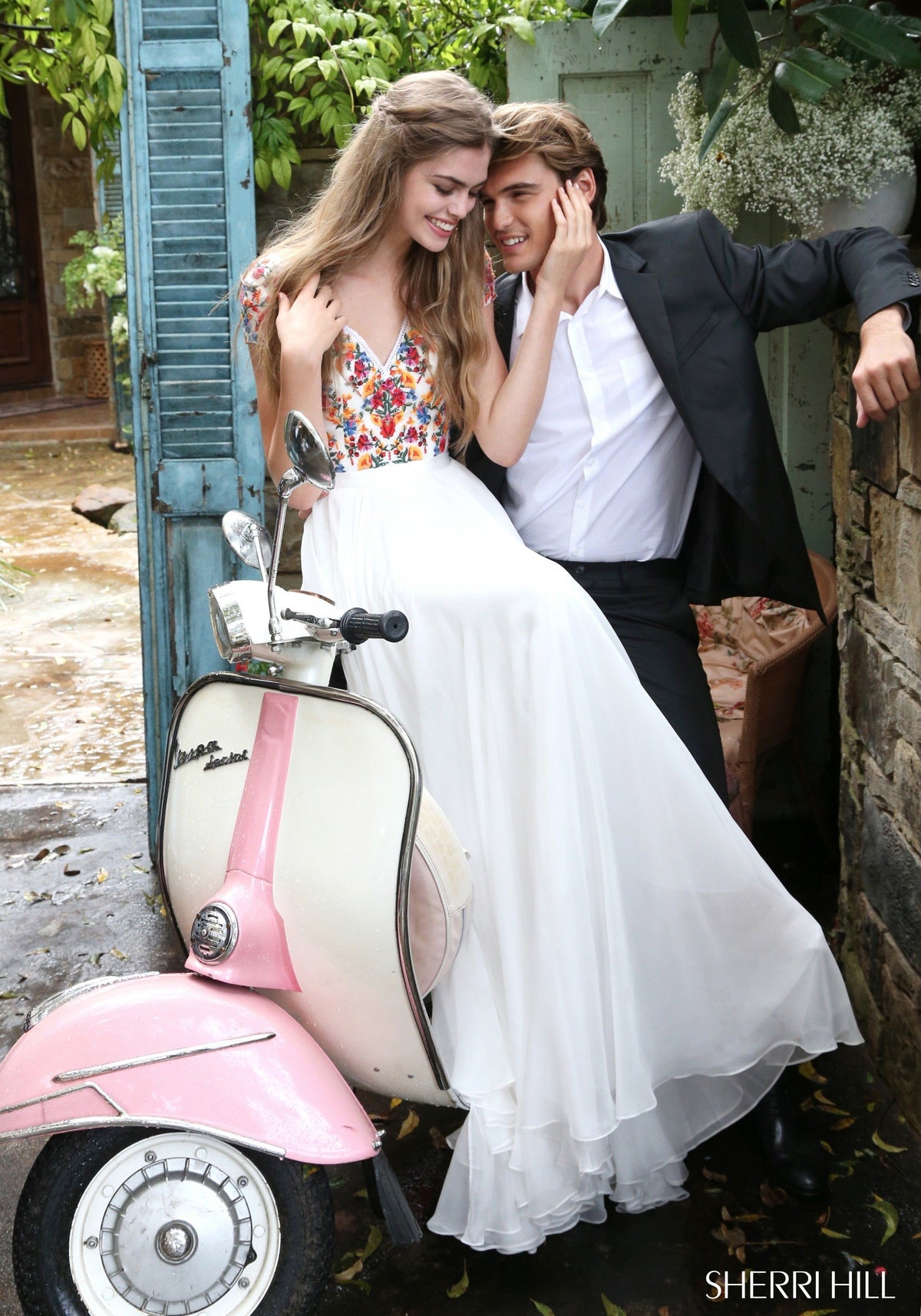 Sherri Hill 51112 bohemian inspired chiffon gown in ivory/multi