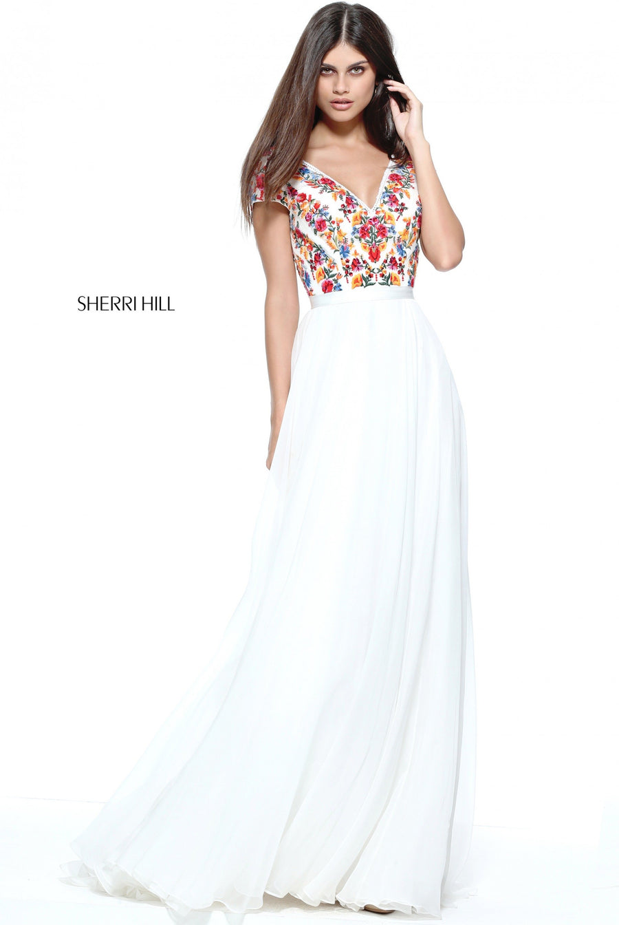 Sherri Hill style 51112 in ivory/multi, Bohemian Inspired Chiffon Gown