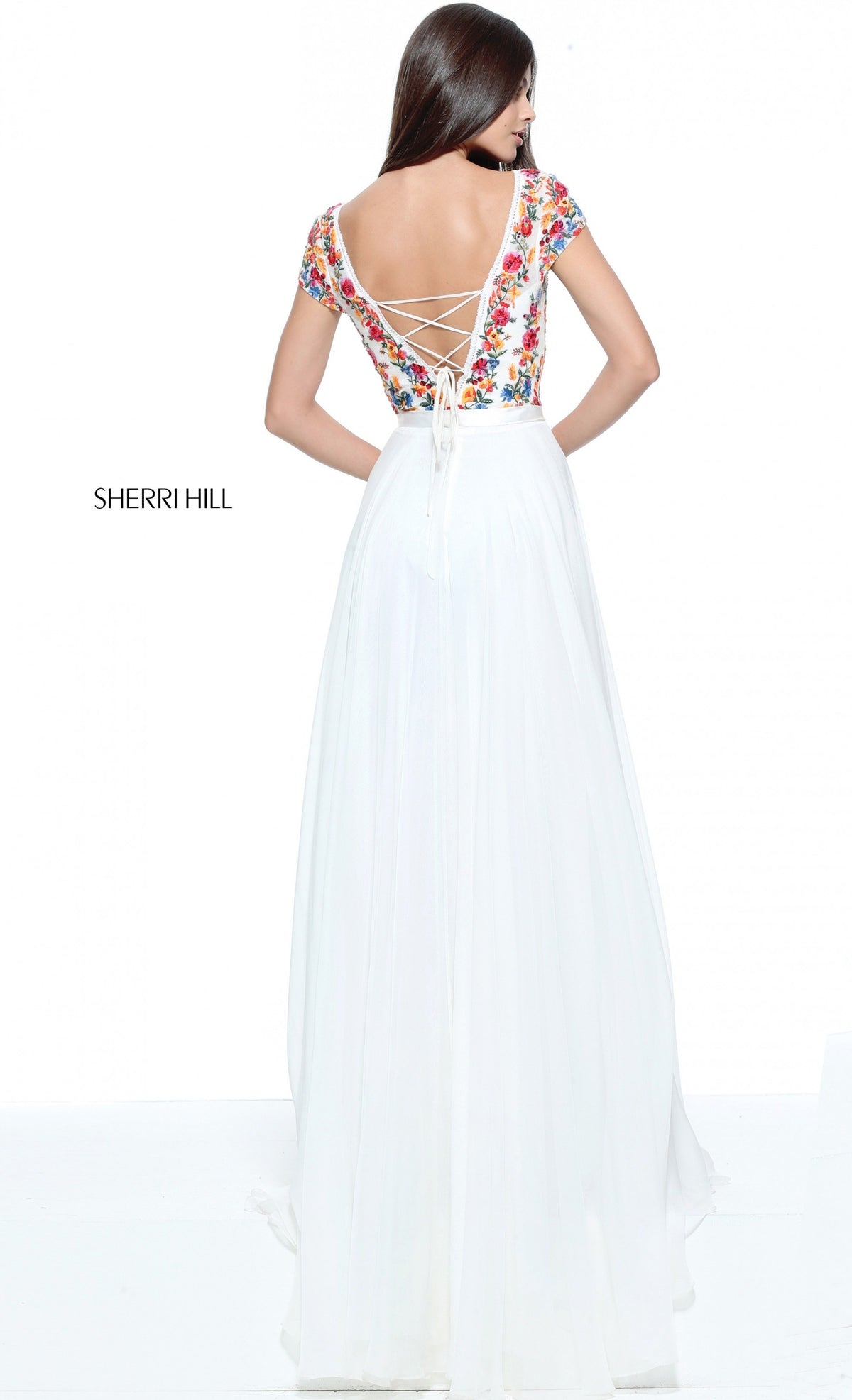 Sherri Hill 51112 bohemian inspired chiffon gown in ivory/multi
