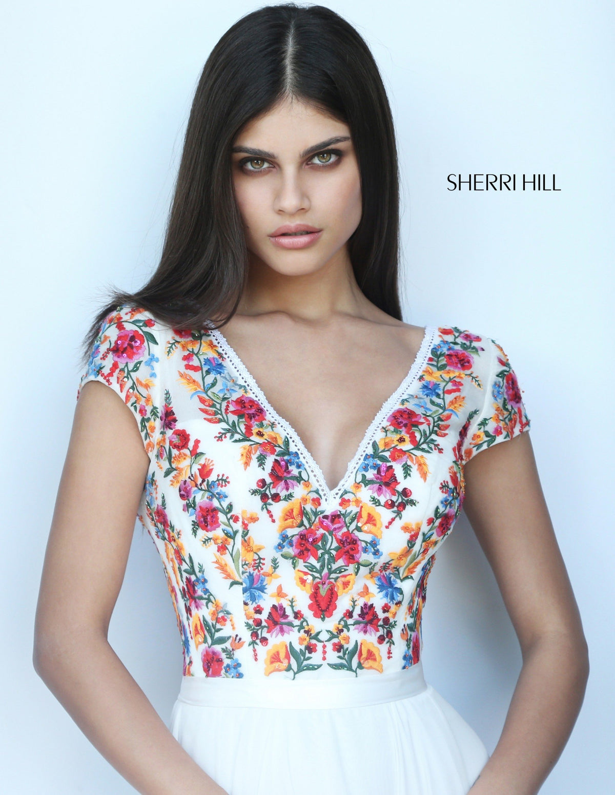 Sherri Hill 51112 bohemian inspired chiffon gown in ivory/multi
